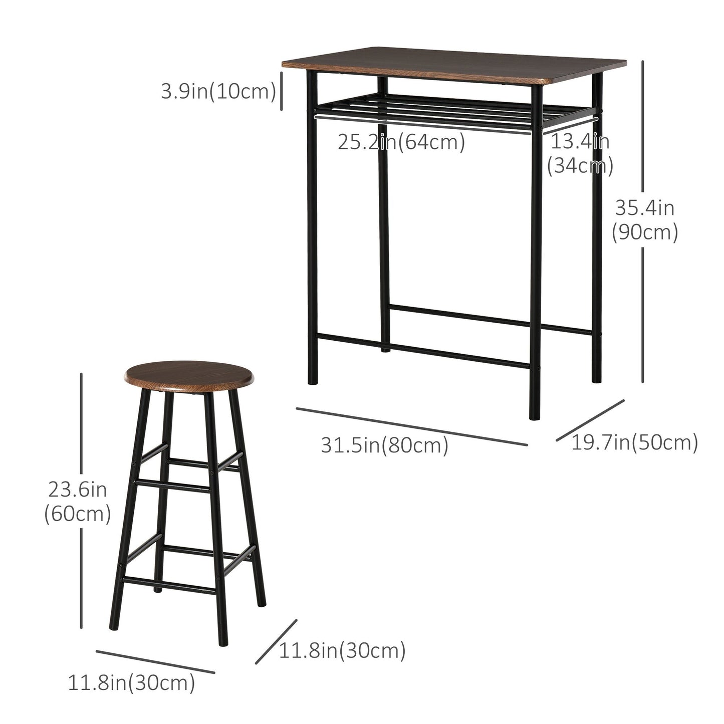 3-Piece Counter Height Bar Table Set - Black and Oak