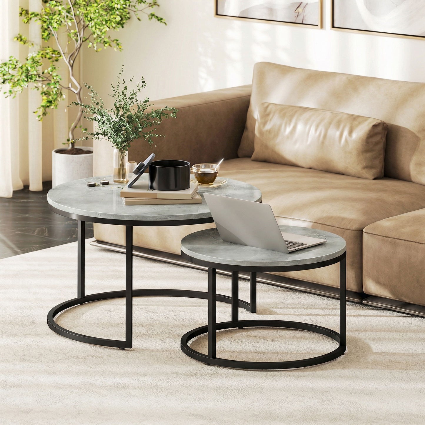 Modern Coffee Table Set of 2, Nesting Side Tables w/ Metal Base for Living Room Bedroom Office Marble Grey