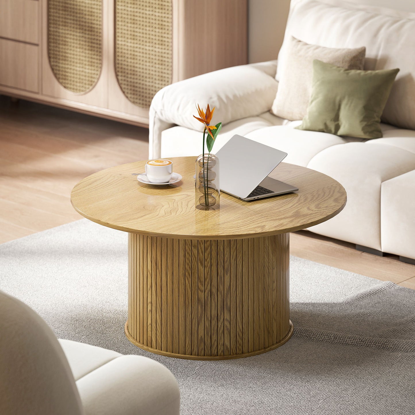 31.5" Round Coffee Table, Nordic Style Center Table with Fluted Cylindrical Base for Living Room, Oak