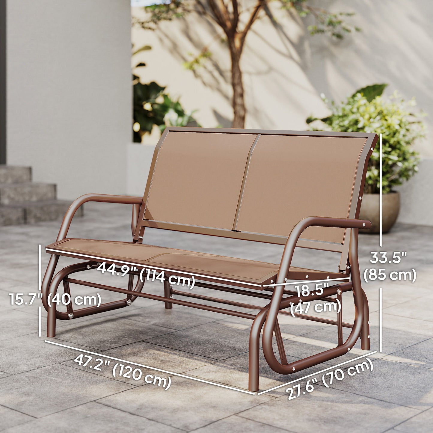 Outdoor Glider Bench, 2 Person Patio Glider Chair, Gliding Outdoor Garden Loveseat Swing Bench with Breathable Mesh Fabric, Steel Frame for Backyard, Porch, Coffee Brown