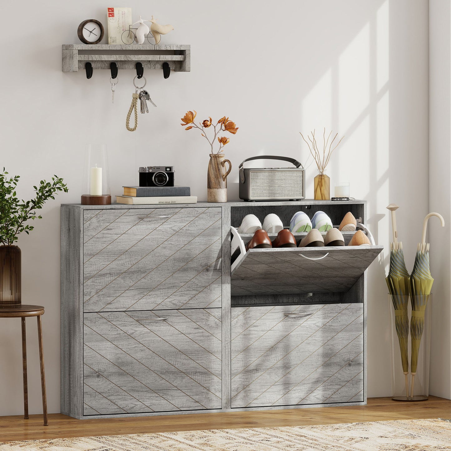 Shoe Storage Cabinet with 4 Flip Drawers, Narrow and Slim, 12-20 Pair of Shoes Organizer for Hallway, Entryway, Grey