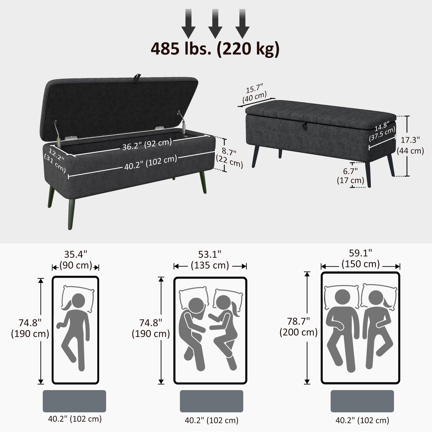 40" Ottoman with Storage, Linen Upholstered Storage Ottoman Bench with Steel Legs for Living Room, Bedroom Black