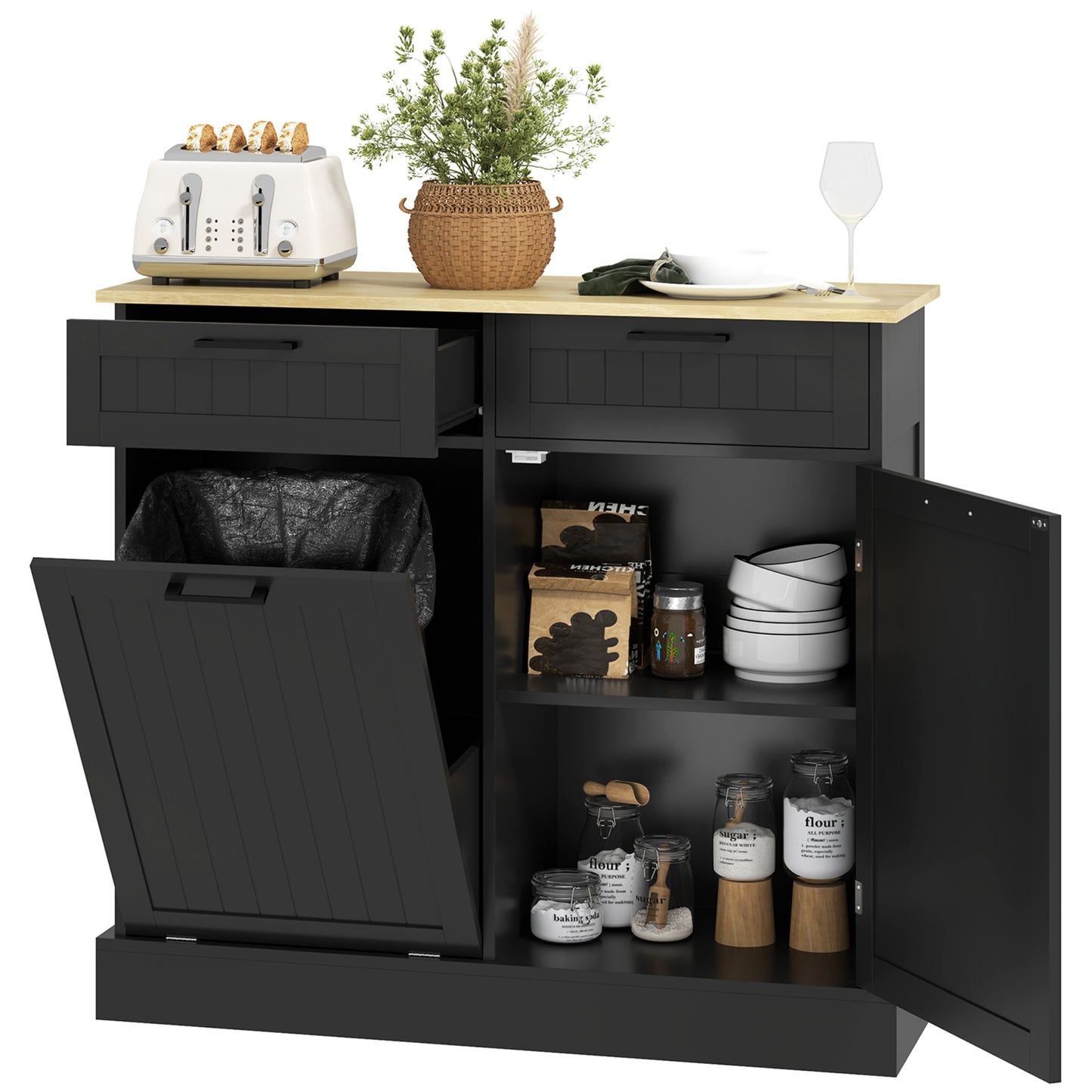 Hidden Garbage Bin Cabinet, Tilt Out Trash Cabinet w/ 2 Drawers, Freestanding Kitchen Island for Laundry, Black