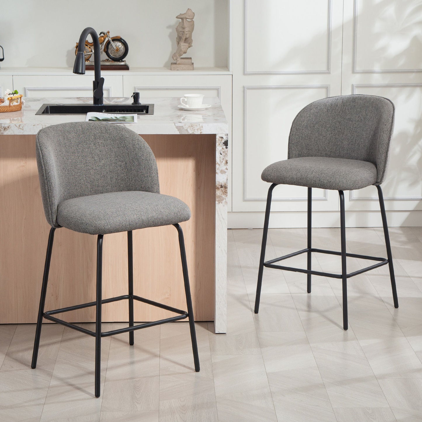 Set of 2 Counter Height Barstools, Upholstered Linen Bar Stools with Backrest, Footrest and Steel Legs, Dark Grey