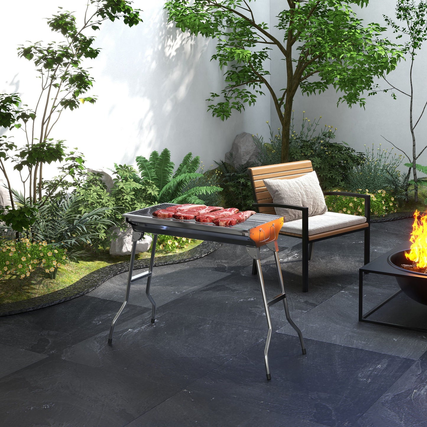 Stainless Steel Charcoal BBQ Grill, Portable Barbecue Grill with Handles for Outdoor, Cooking, Camping, Picnic
