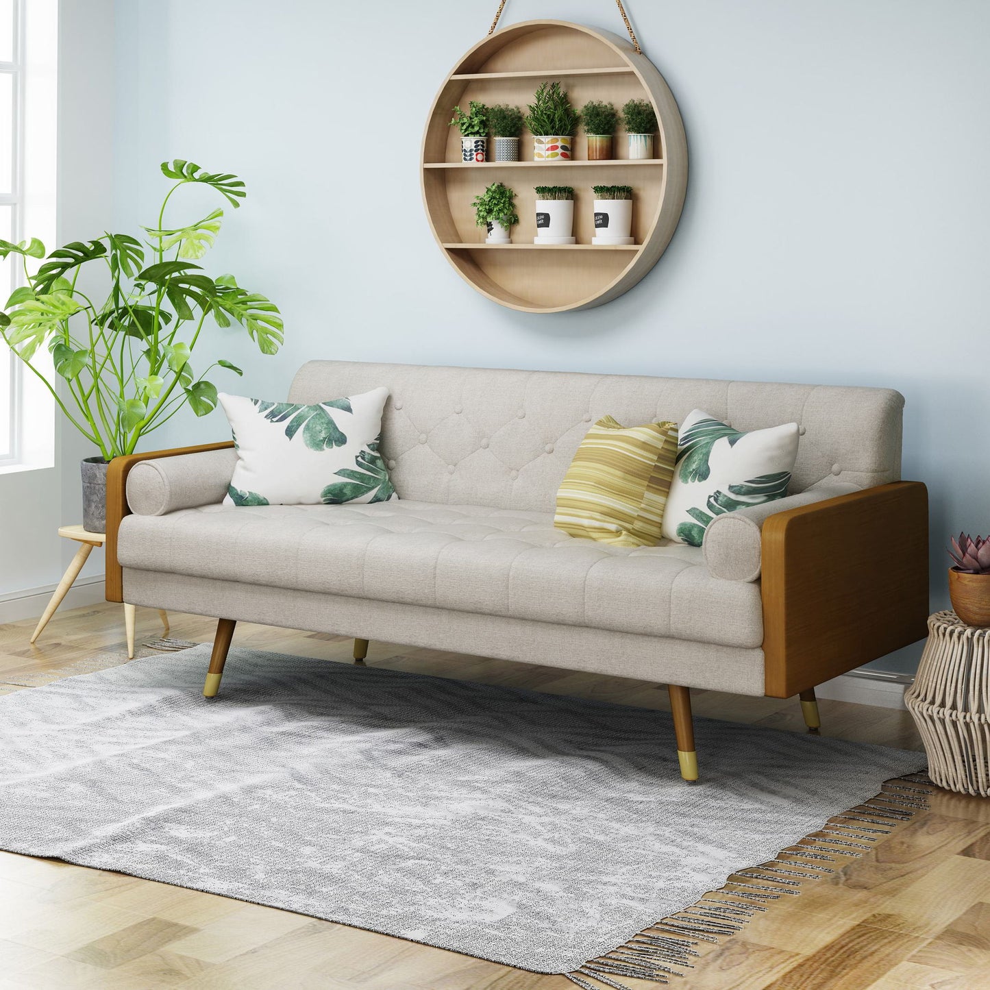 Mid-Century Modern Tufted Fabric Sofa with Rolled Accent Pillows, Daybed with Gold Tipped Rubberwood Legs, 72'' L x 30.5'' W x 32'' H, Beige