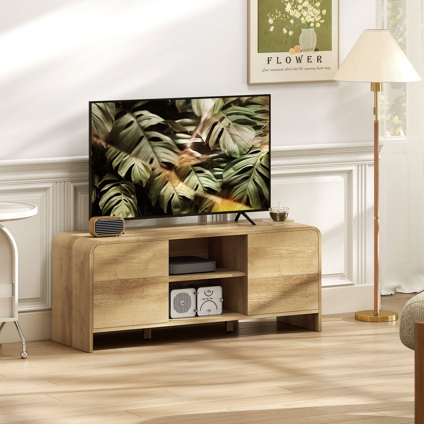 TV Stand for up to 55 Inch TV, Nordic Entertainment Center with 2 Cabinets and 2 Open Shelves for Living Room, Natural Wood