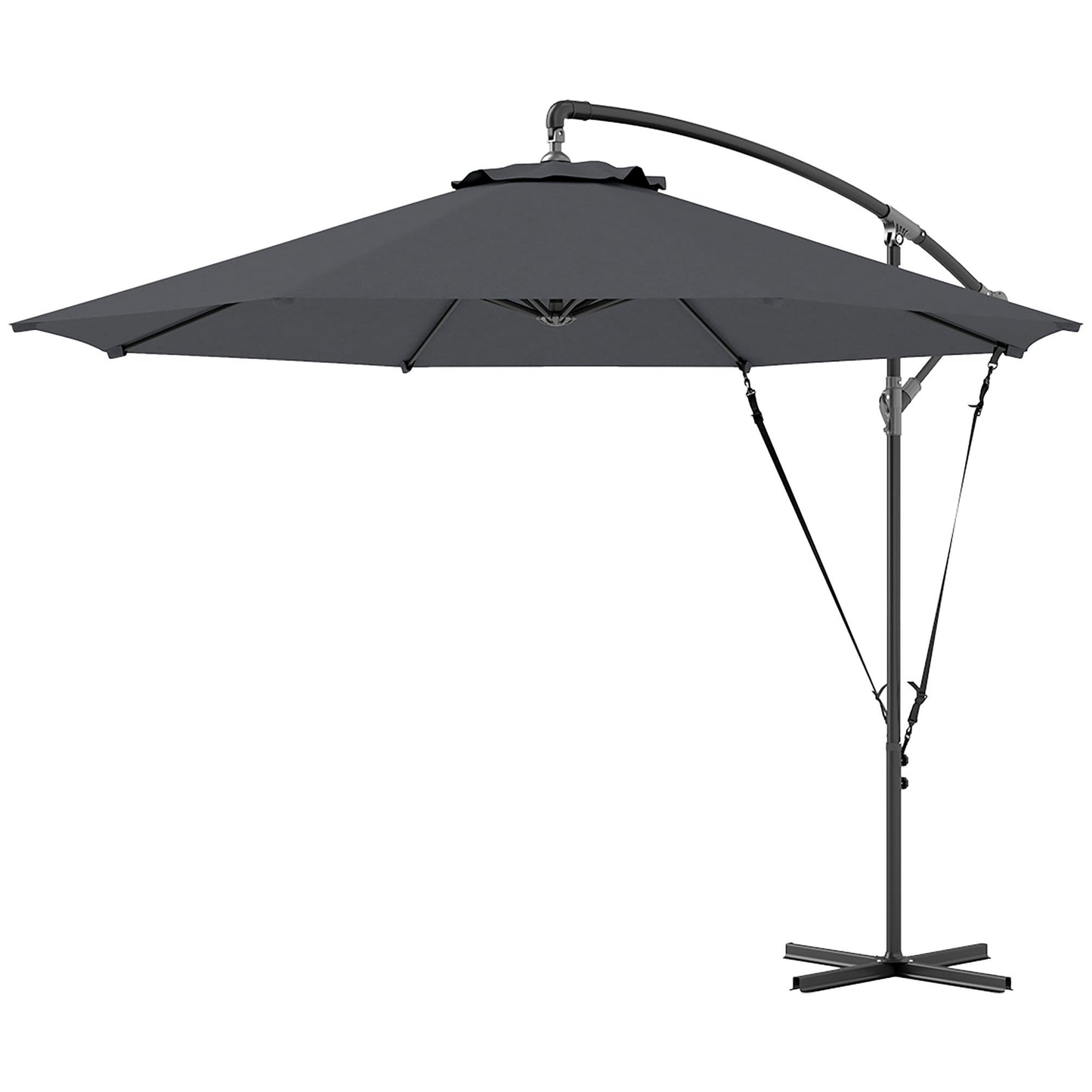 9.5' Cantilever Umbrella with Wind Protection Strap and Cover, Hanging Umbrella with Crank and Cross Base, UPF 50+, Grey
