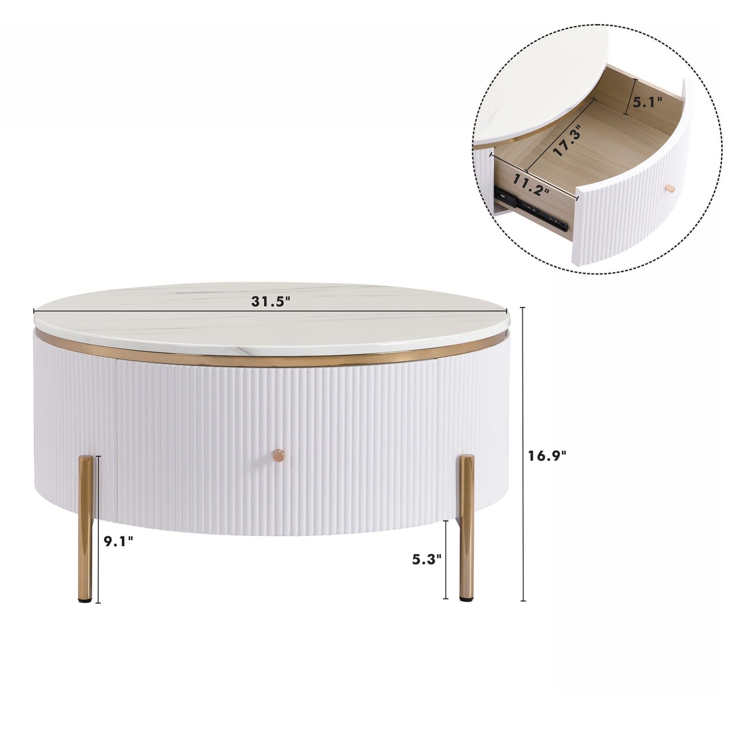 Modern Round Coffee Table with 2 Large Drawers, MDF Construction and Gold Legs, Sleek Modern Design, 31.5" L x 31.5" W x 17" H, White+Gold
