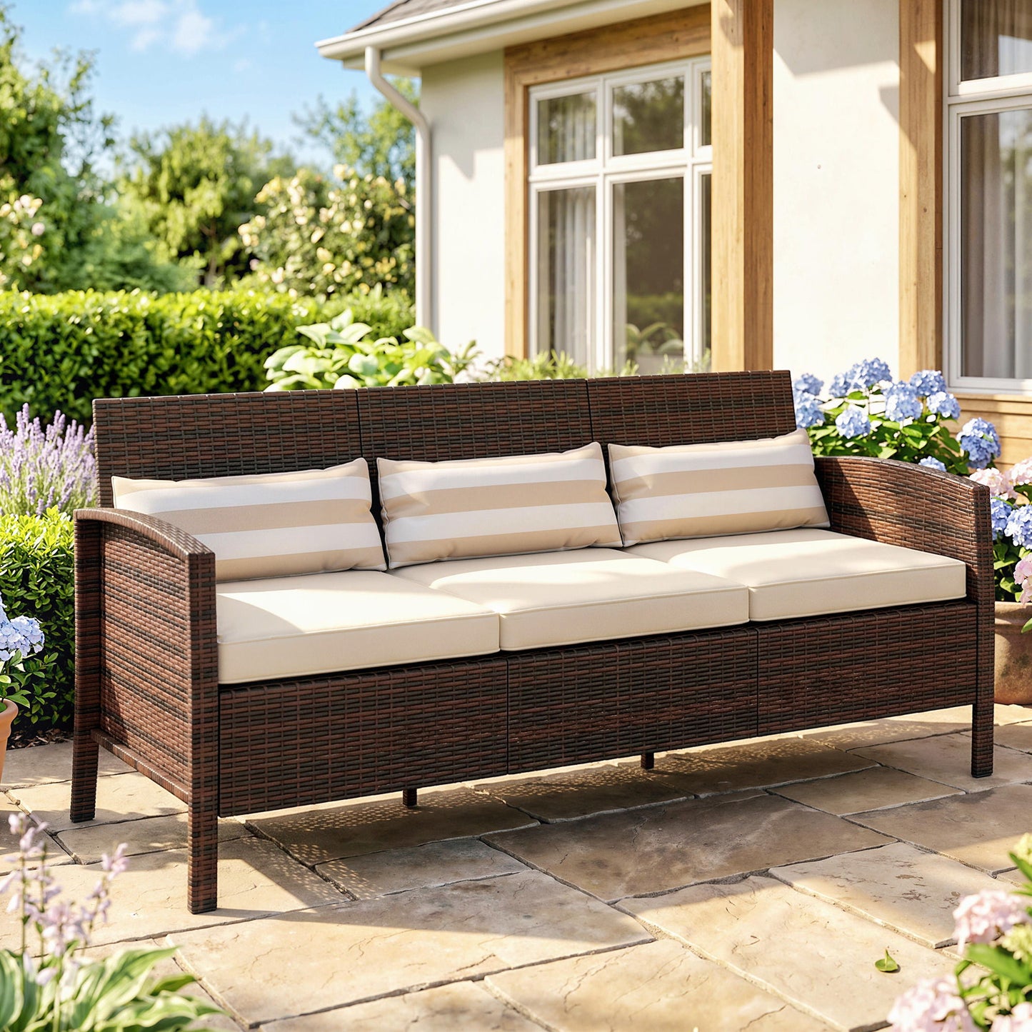 3-Seater Wicker Sofa, PE Rattan Outdoor Couch Conversation Furniture with Removable Cushions for Patio, Garden, Brown