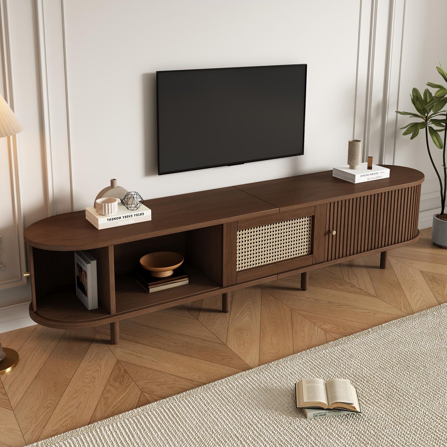 Minimalist TV Stand with Rattan Drawer and 2 Sliding Doors, Oval Media Console with Space-Saving Top, 71'' L x 15.5'' W x 15.5'' H, Dark Oak