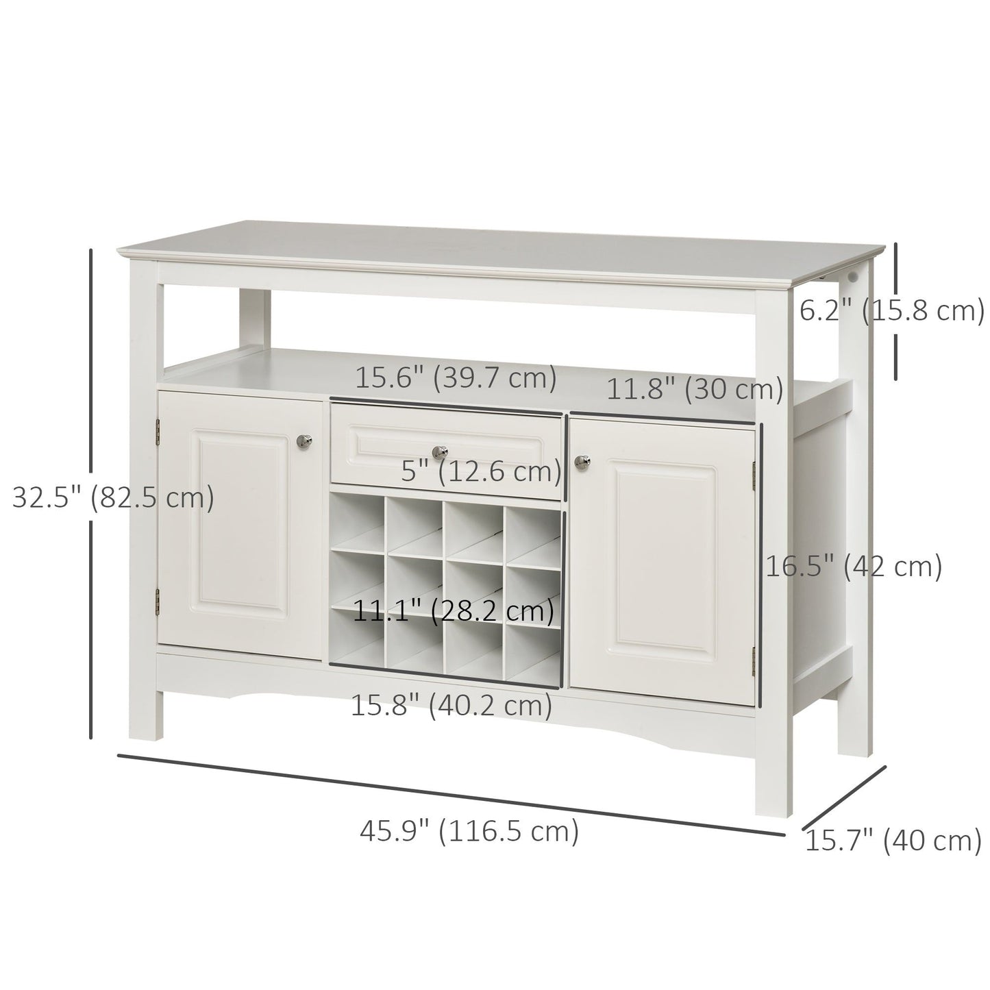 Buffet Bar Cabinet with 12-Bottle Wine Rack - White