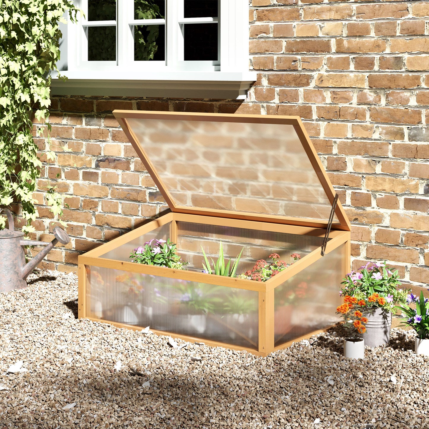 Wooden Cold Frame Greenhouse Garden Portable Raised Planter with Openable Top for Indoor, Outdoor, Flowers, Vegetables, Plants, 35.5"x23.5"x15.75", Light Brown