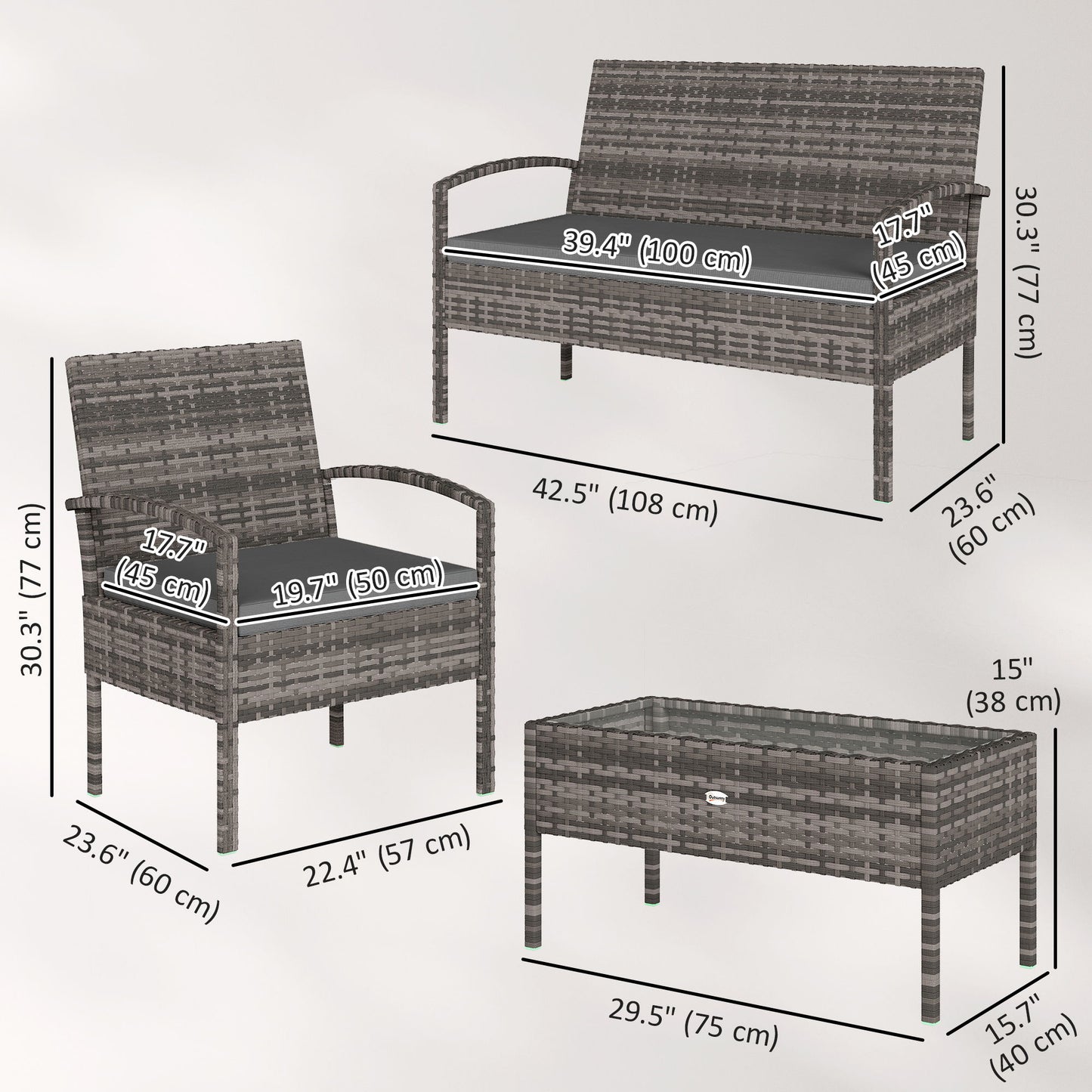 4 Pieces Patio Furniture Set with A Loveseat, Two Armchairs and A Coffee Table, Outdoor Conversation Set, Dark Grey