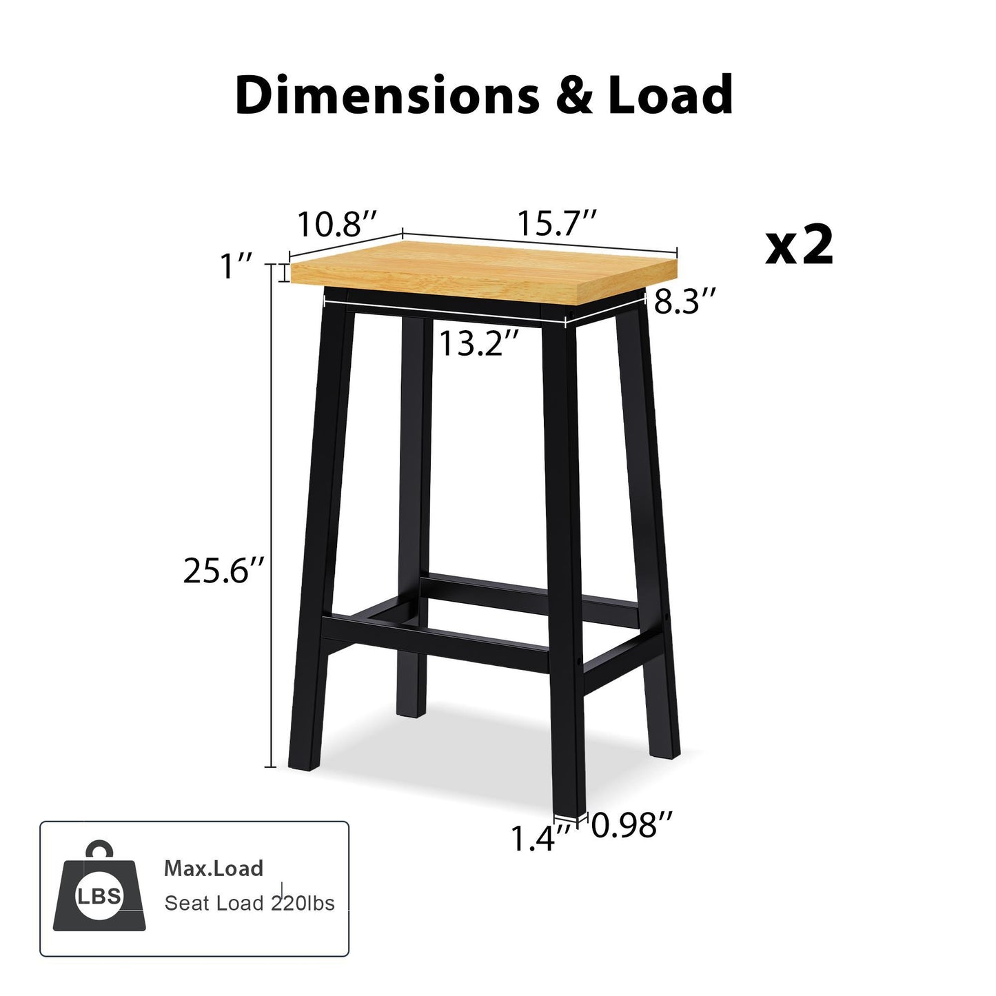 Set of 2 Wood Bar Stools with Anti-Scratch Pads & Wraparound Cross Brace, Bar Chairs with Footrests, 15.5'' L x 11'' W x 25.5'' H, Black