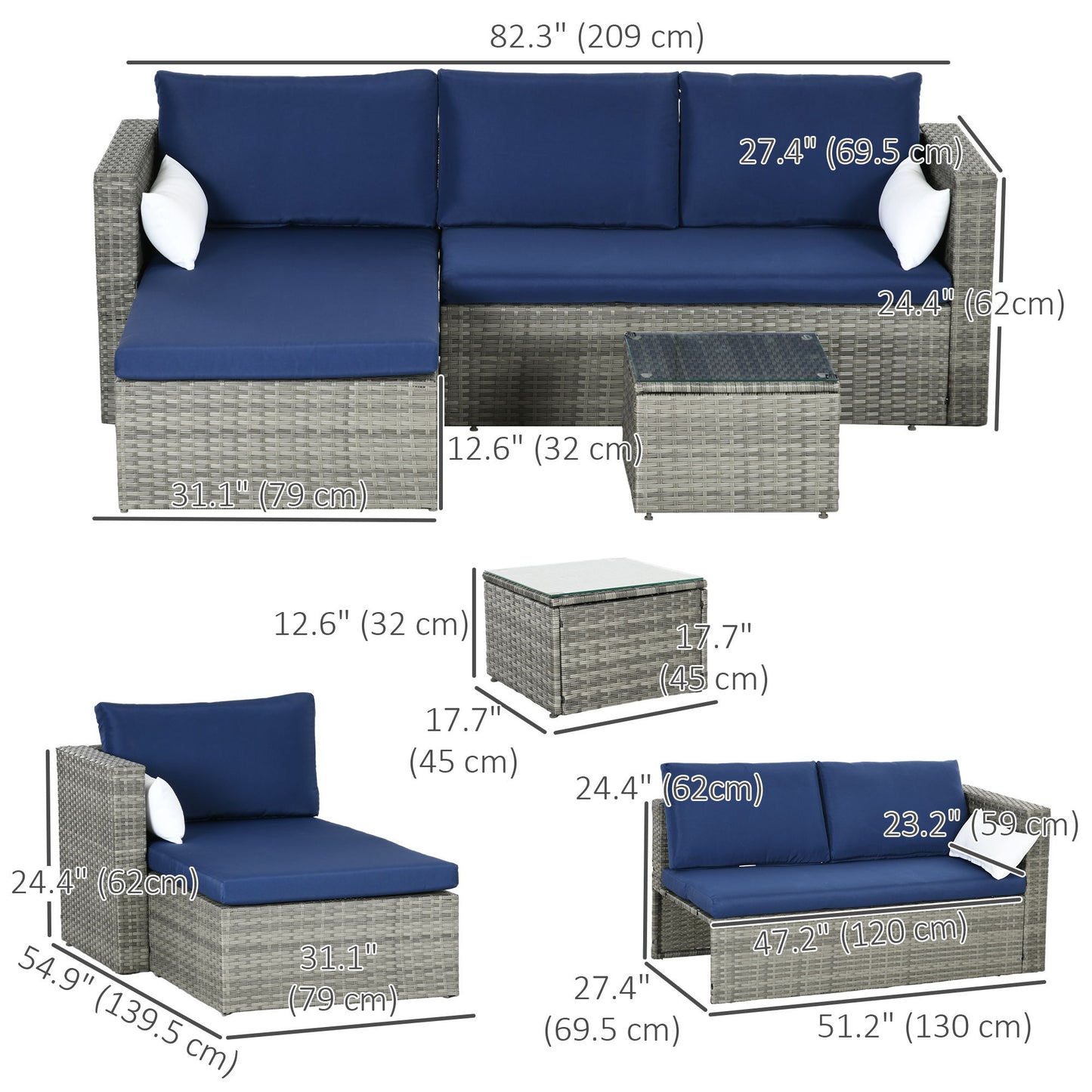 3pcs Modern Rattan Sofa Set, Wicker Patio Furniture Set with Coffee Table, Cushions, Pillows