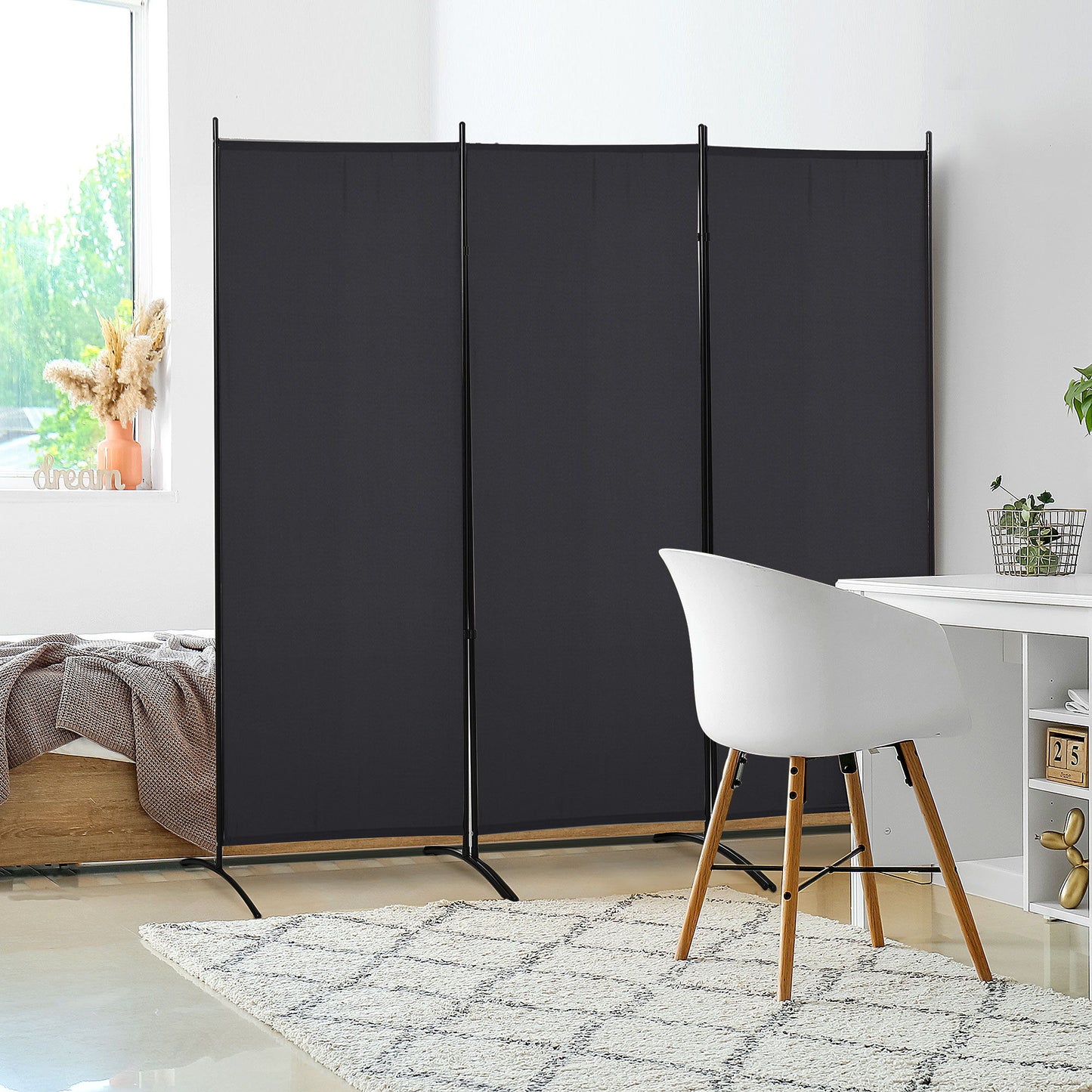 6' 3 Panel Room Divider, Double Hinged Folding Wall Divider, Indoor Privacy Screen for Home Office, Black