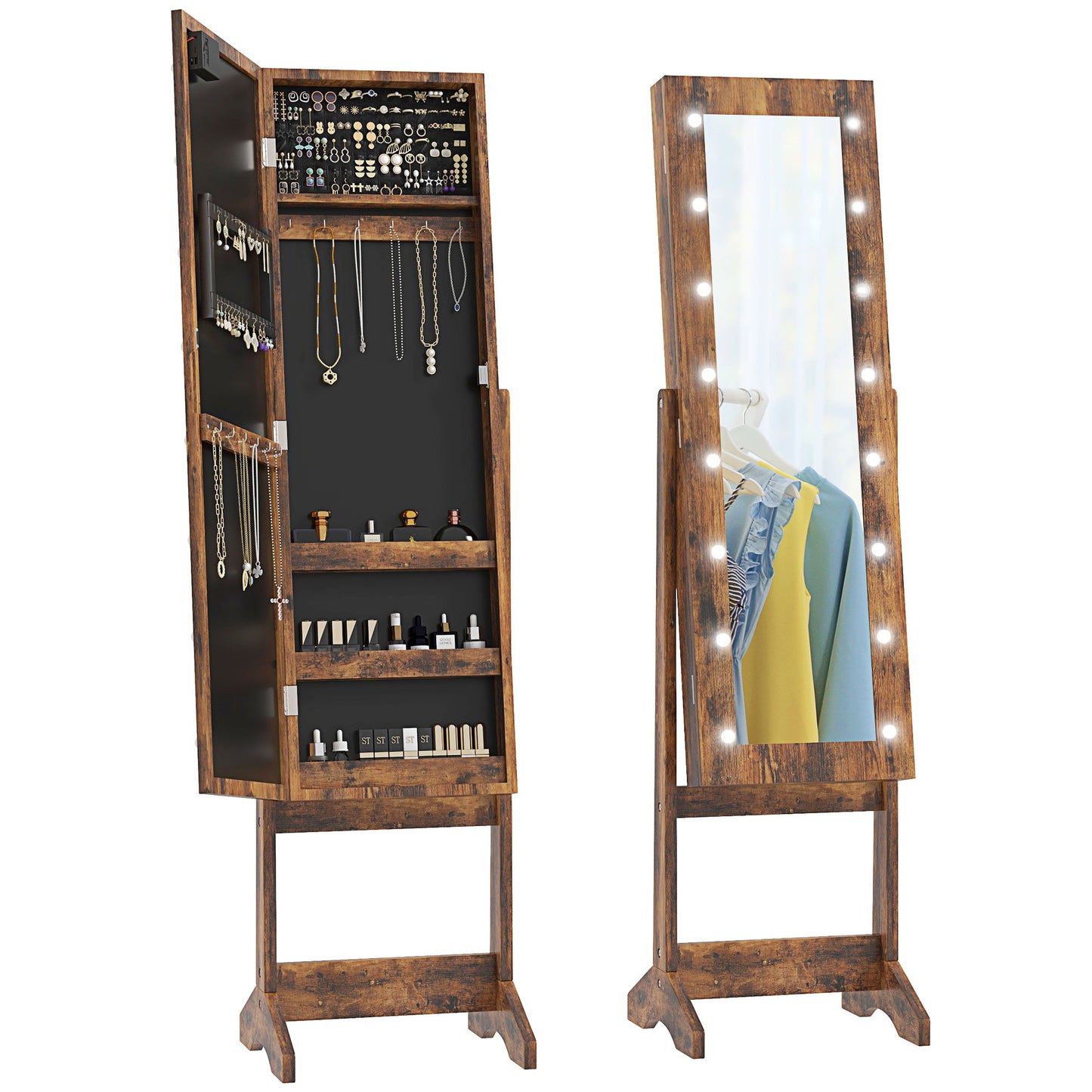 Free Standing Armoire Organizer, Lighted Mirrored Jewelry Cabinet w/ Angle Adjustable & 16 LED Lights Rustic Brown