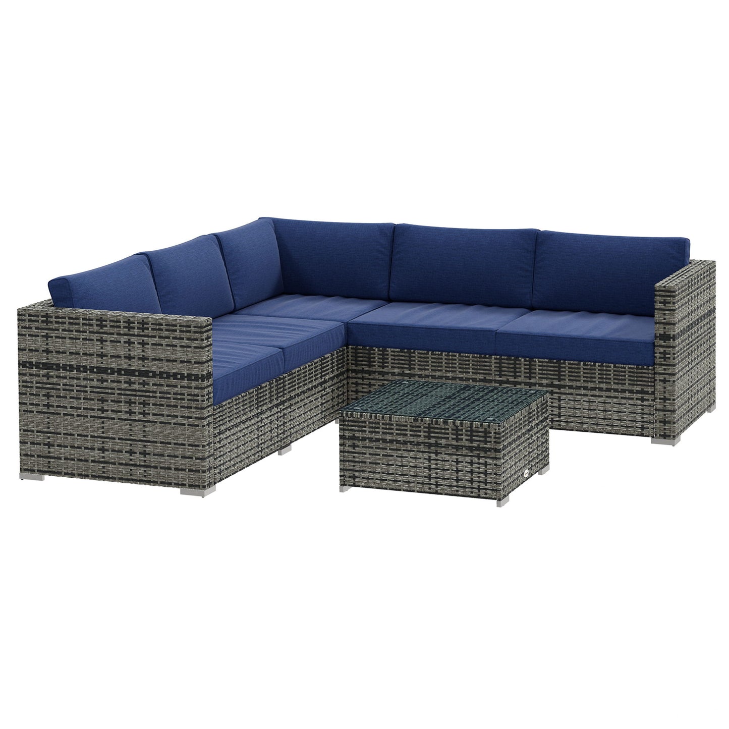 4-Piece Outdoor Rattan Wicker Conversation Furniture Set, Includes Corner Sofa, Loveseat, Coffee Table and Cushions, Modern Patio Sectional for Backyard, Navy Blue