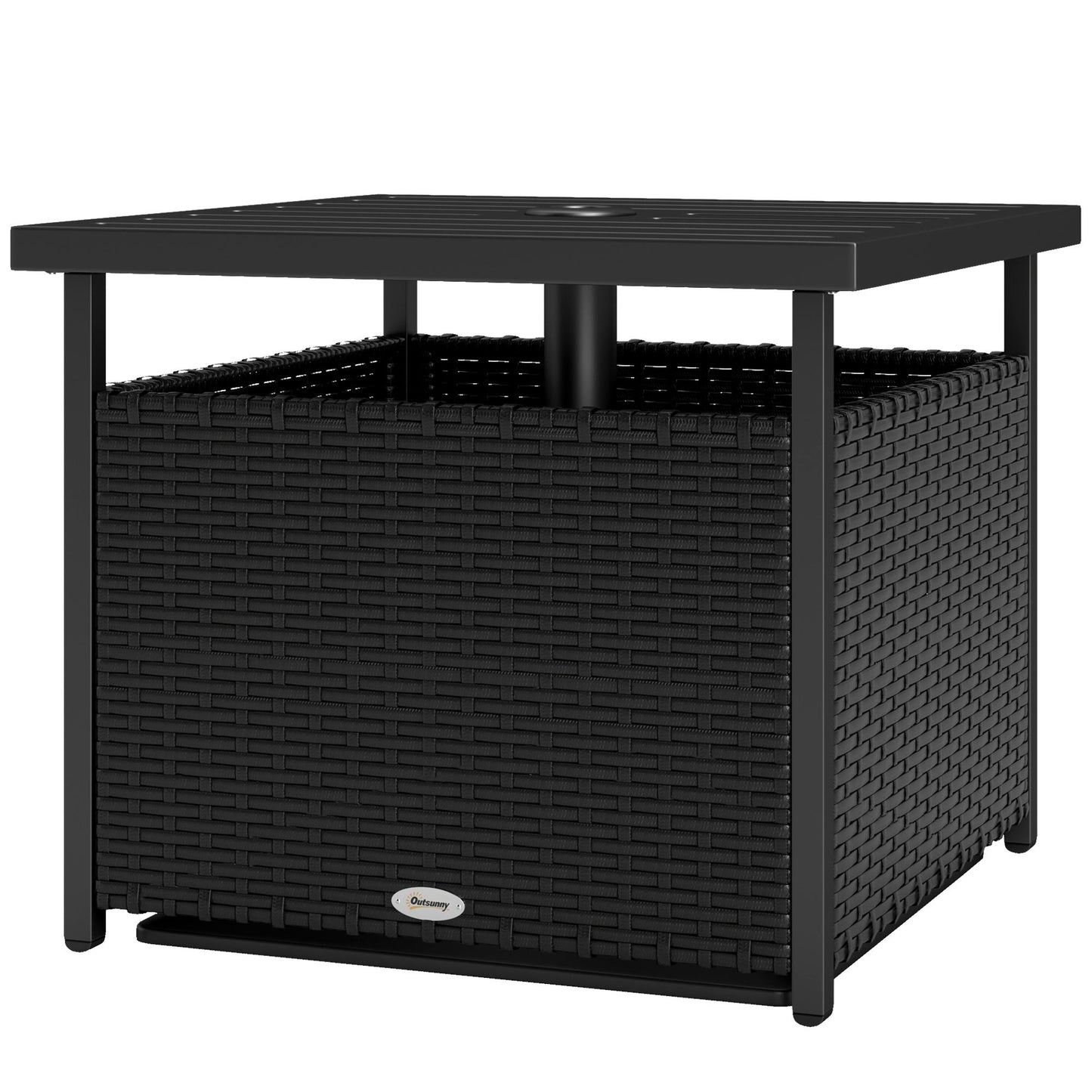 21.75" Outdoor Rattan Wicker Patio Coffee Table with Umbrella Hole, Patio Side Table with Slatted Metal Top, Black
