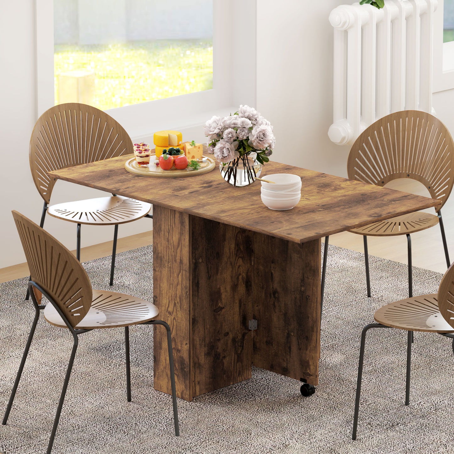 Extendable Dining Table, Collapsible Folding Table w/ 2-tier Shelves and Rolling Casters, Rustic Brown