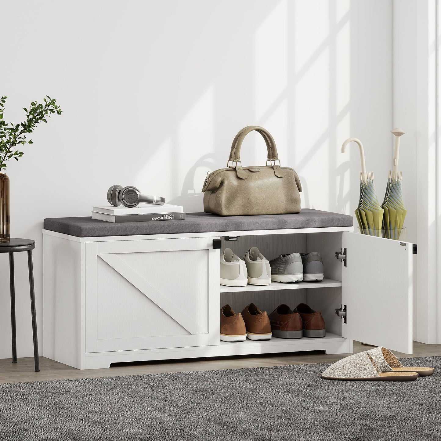 Shoe Storage Bench with Padded Seat, Entryway Bench Holds up to 352 lb, Shoe Organizer, 8 Pairs, White Wood Grain