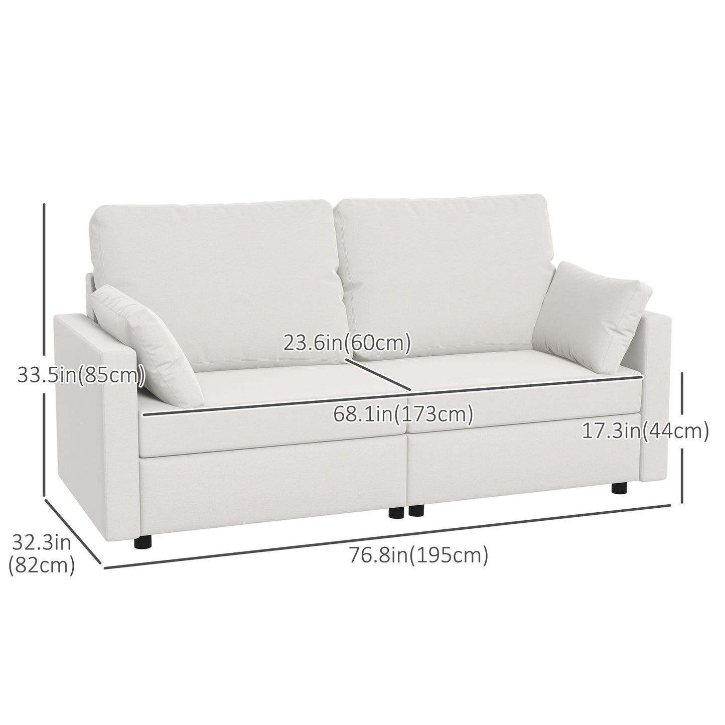 Modern 3 Seater Sofa, 77" Upholstered Couch with 2 Throw Cushions for Bedroom, Living Room, Cream White