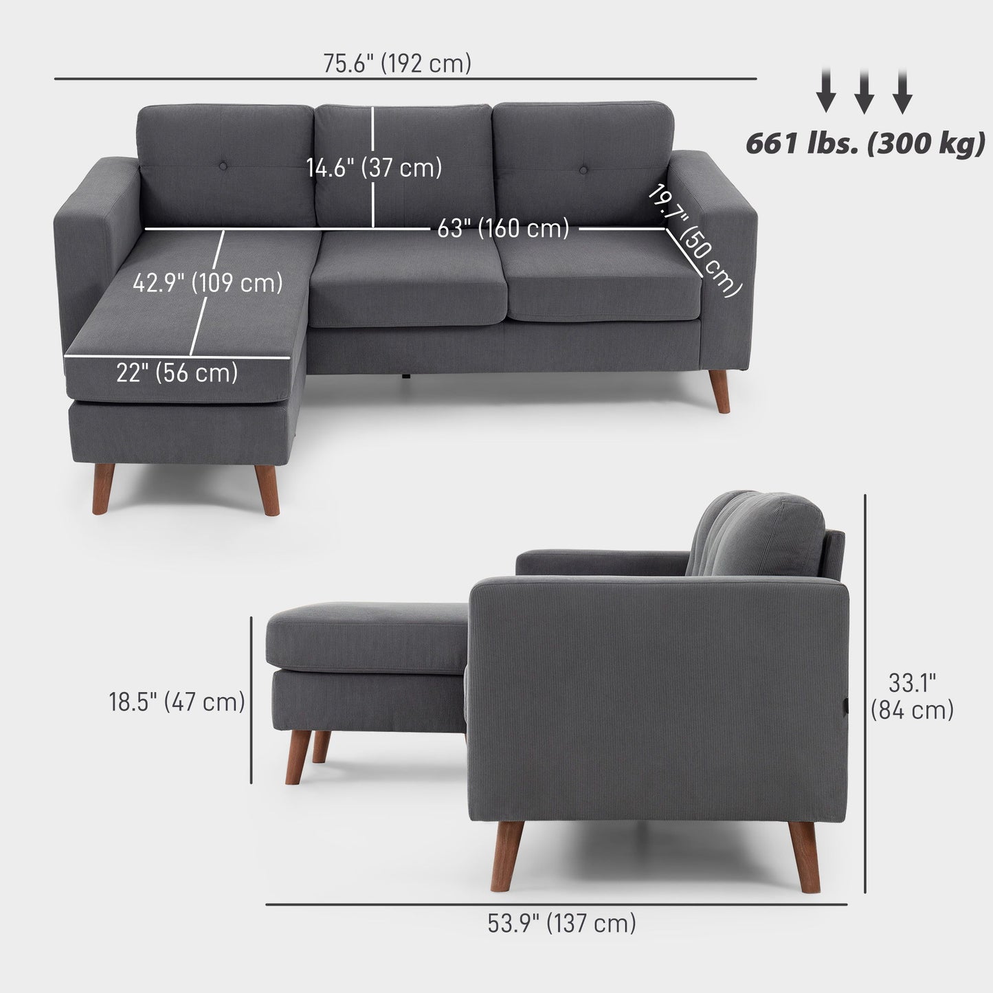 Sectional Sofa with Changeable Chaise Lounge, 3 Seat L-Shaped Small Space Sofa, Upholstered Couch for Small Space, Dark Grey