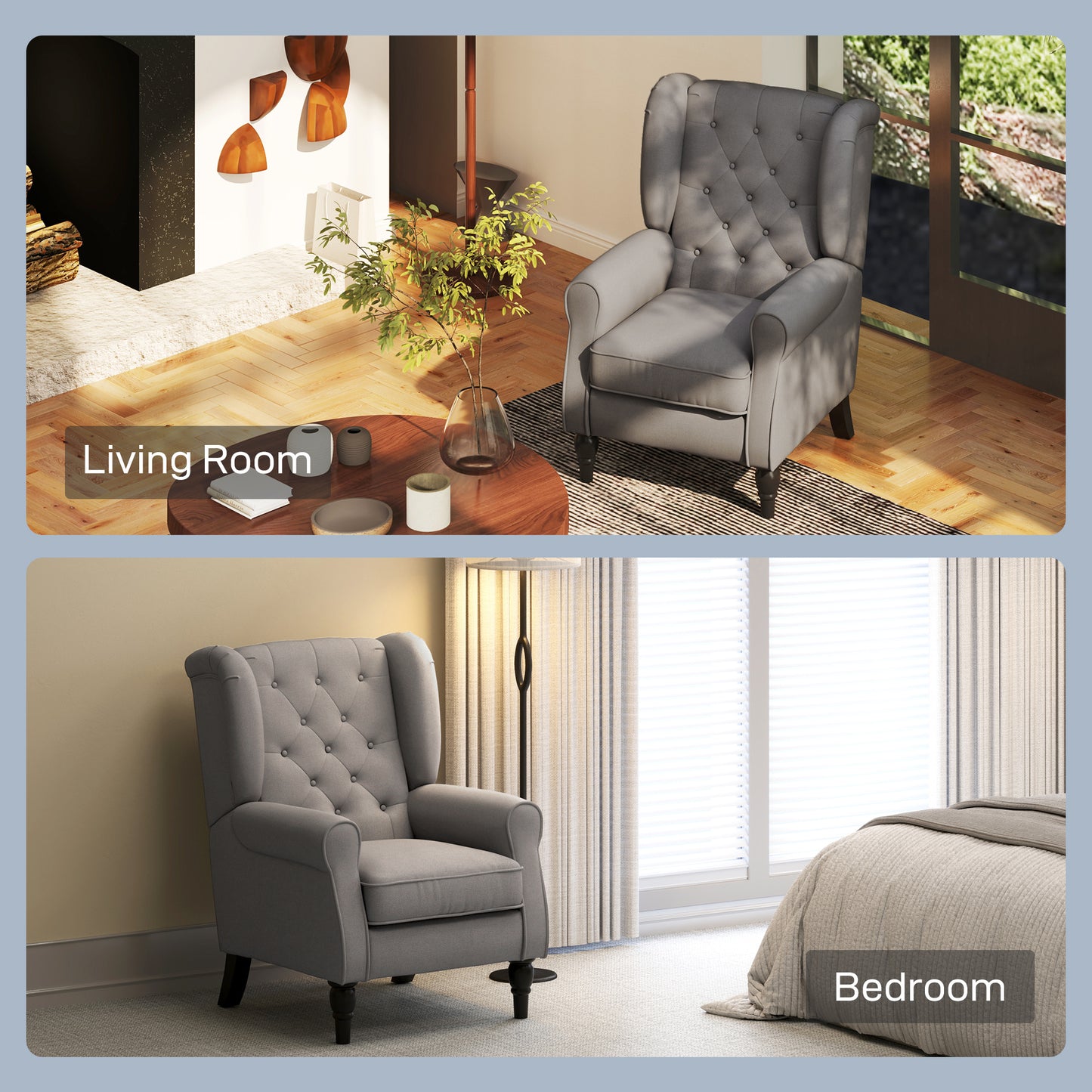Fabric Accent Chair, Button Tufted Armchair, Armchair with Wood Legs, Thick Padding for Bedroom, Charcoal Grey