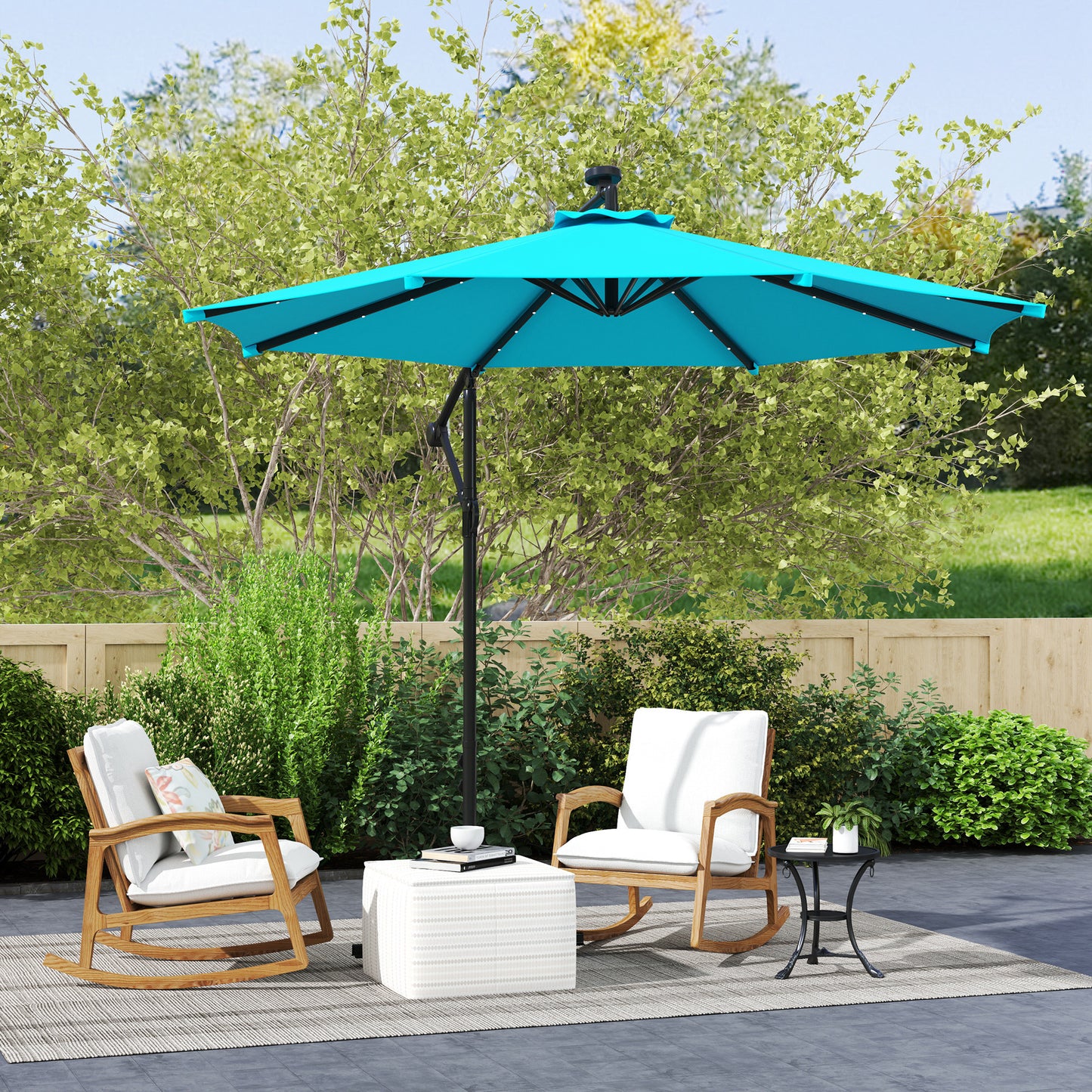 10ft Outdoor Cantilever Umbrella Banana Umbrella with Solar Lights and Adjustable Angle for Patio Backyard Turquoise