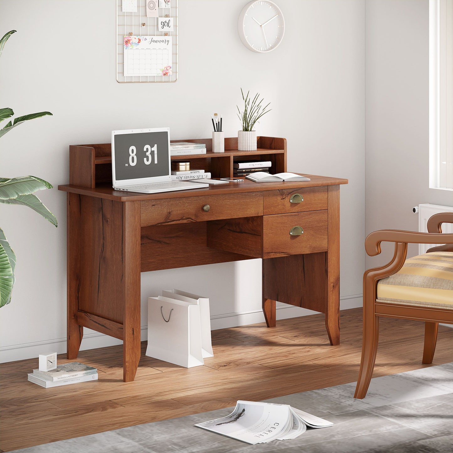 Study Table with Storage Hutch, Drawers, Shelf, Home Office Writing Table Study Workstation with Cable Management, Brown