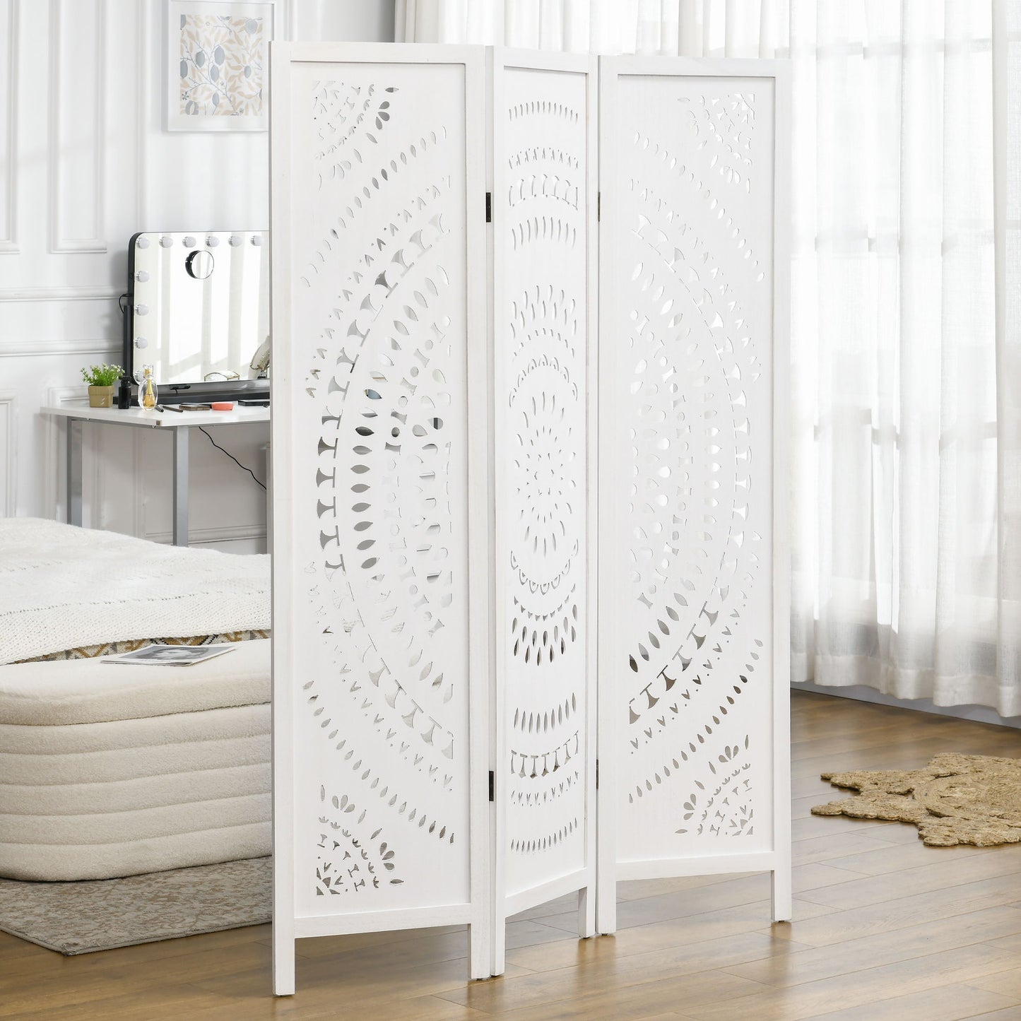3 Panel Room Divider, 5.6 Ft Tall Portable Folding Privacy Screen, Wood Partition Wall Divider for Home Office, White