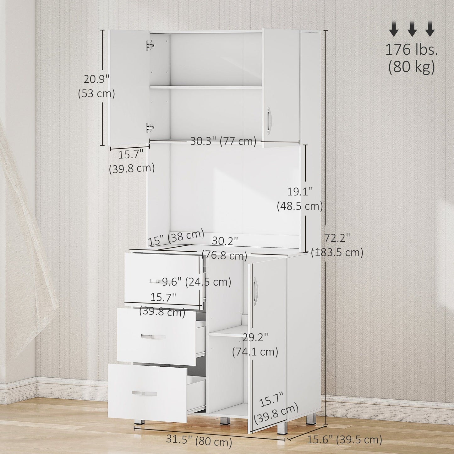 Kitchen Buffet with Hutch and Drawers - White
