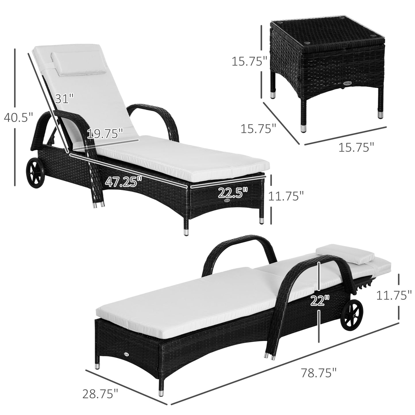 Patio Rattan Lounge Set has a Wheeled Wicker Chaise Lounge Chair and A Table with A Tempered Glass Top, White