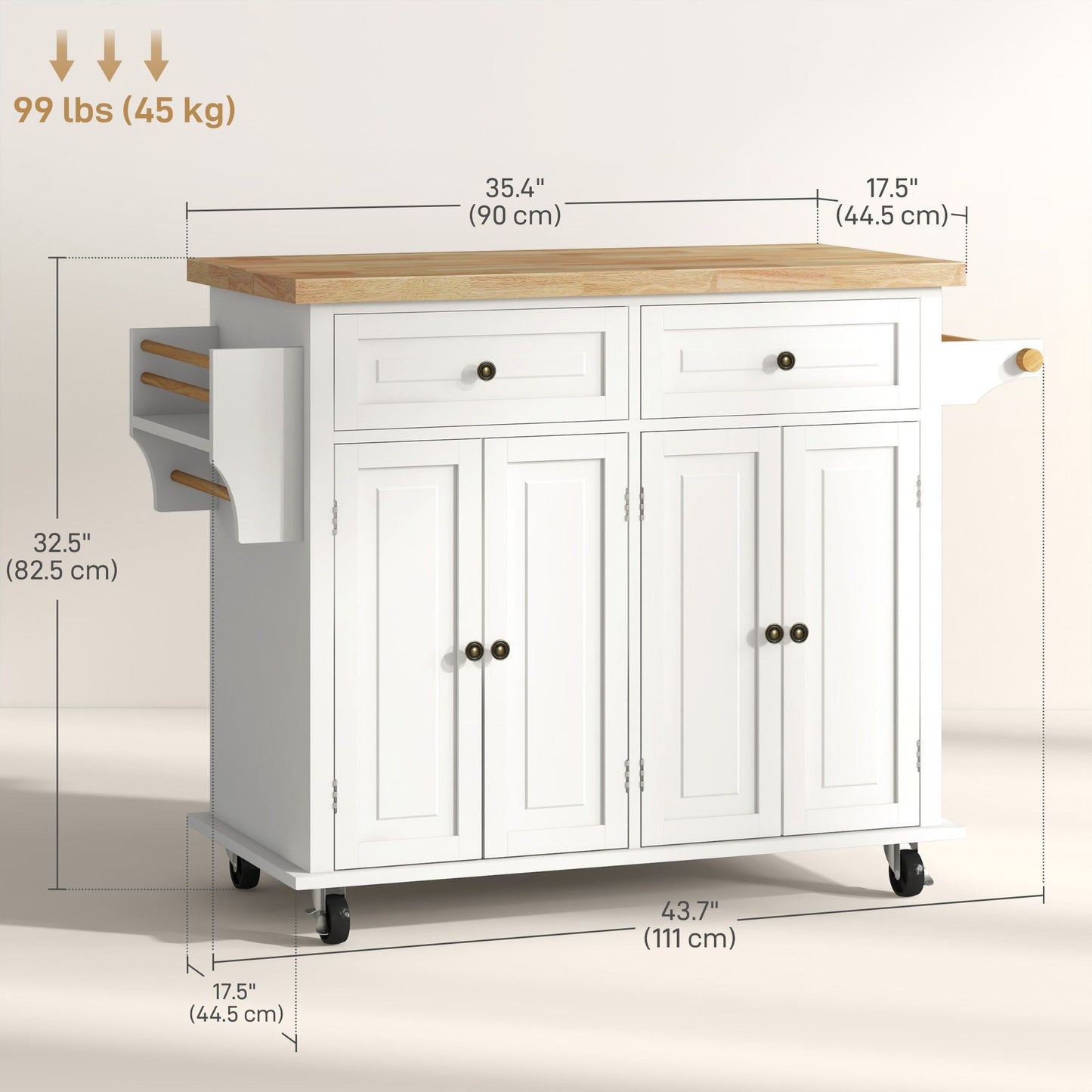 Rolling Kitchen Island Cart with Wood Top - Cream White