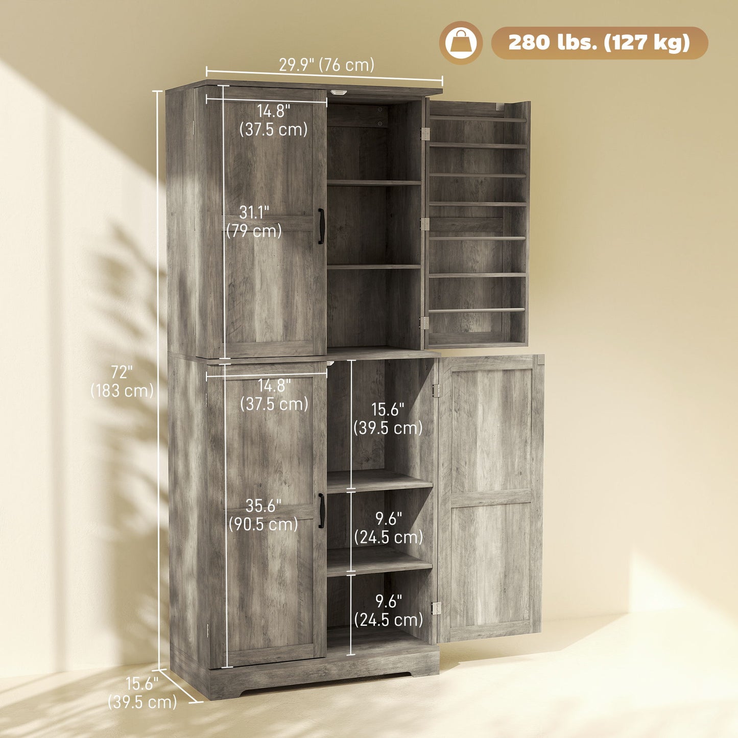 Farmhouse Kitchen Pantry Cabinet, Kitchen Cabinet with Barn Doors, Adjustable Shelves and Door Racks, Distressed Grey