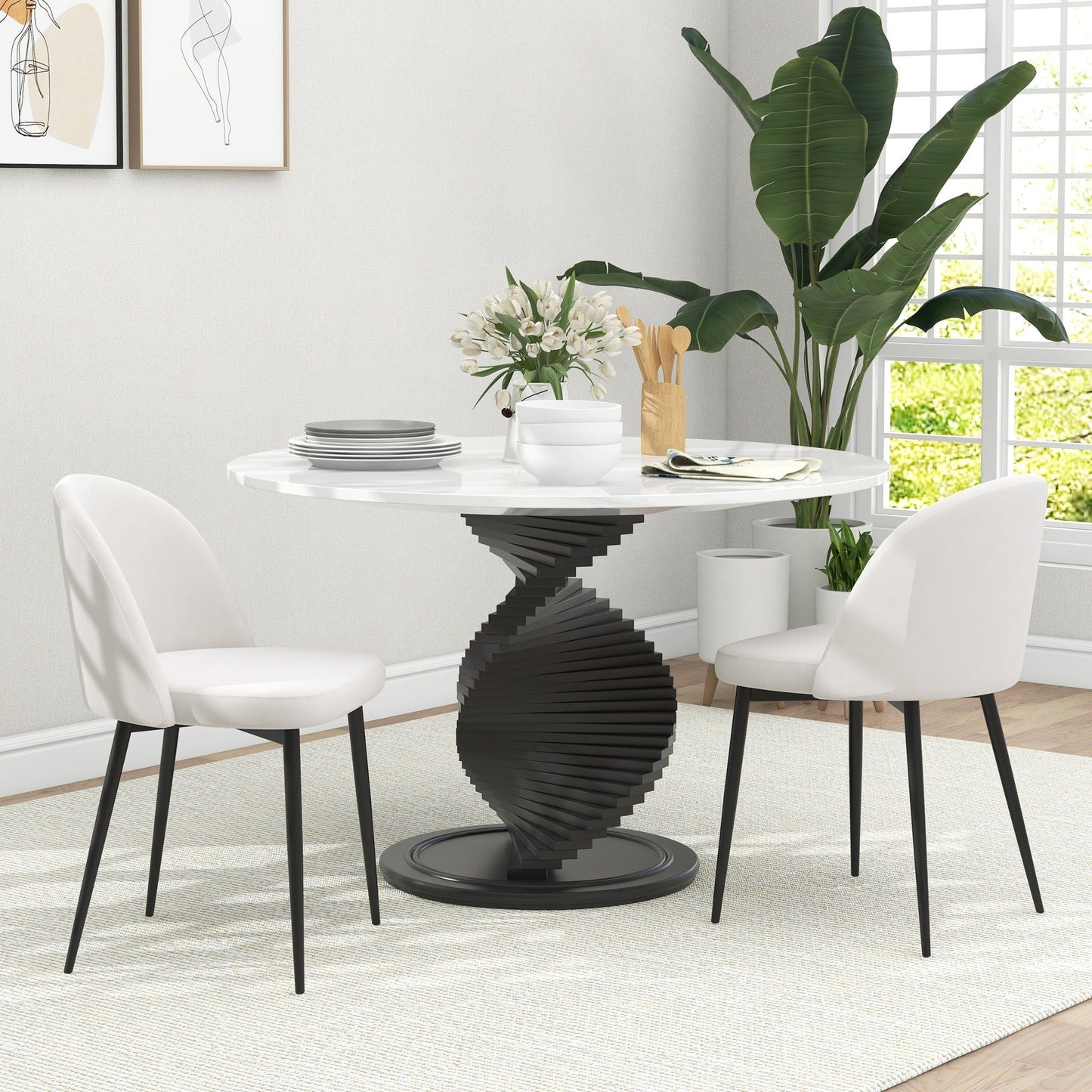 Set of 2 Mid-Back Velvet Dining Chairs - Cream White