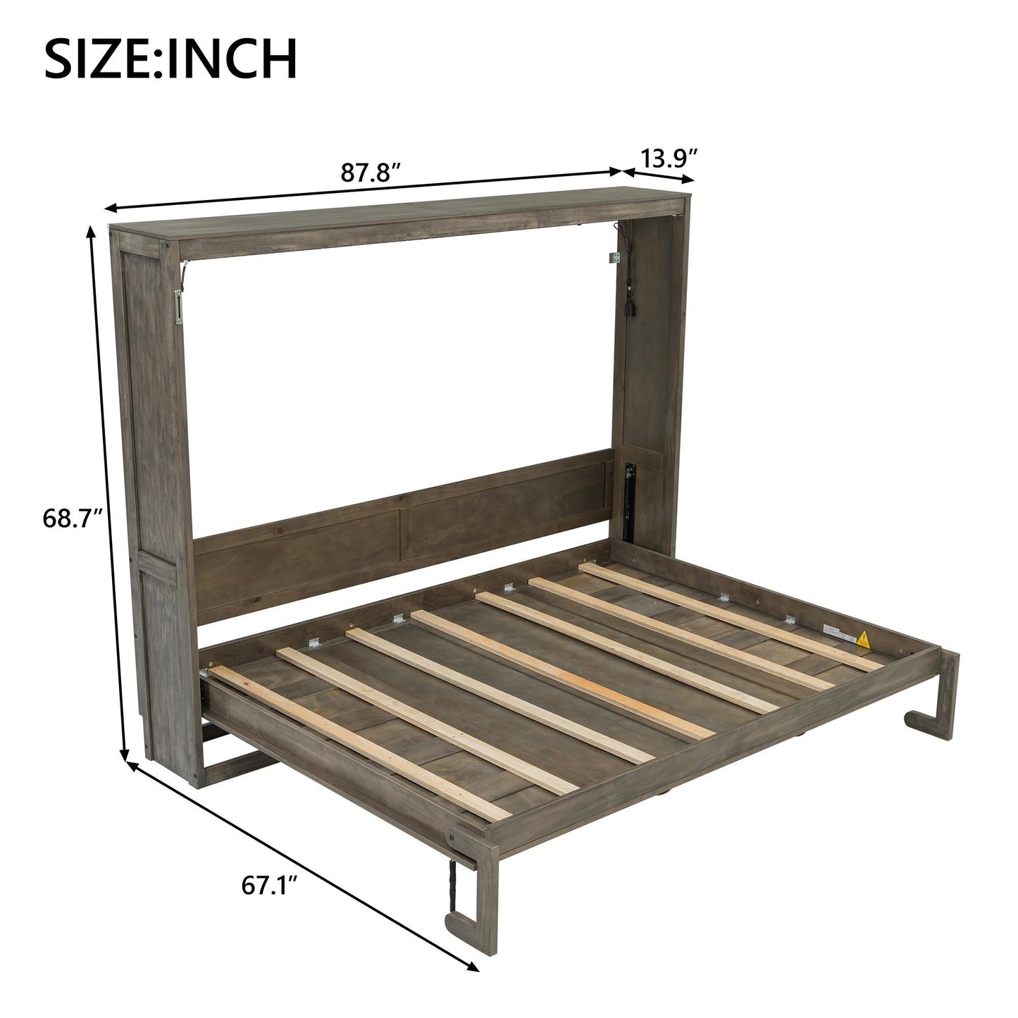 Queen Size Brown Murphy Bed with Smooth Hydraulic Lift, Space‑Saving Fold‑Down Unit with Wood Slat Support, 88'' L x 67'' W x 68.5'' H, Brown