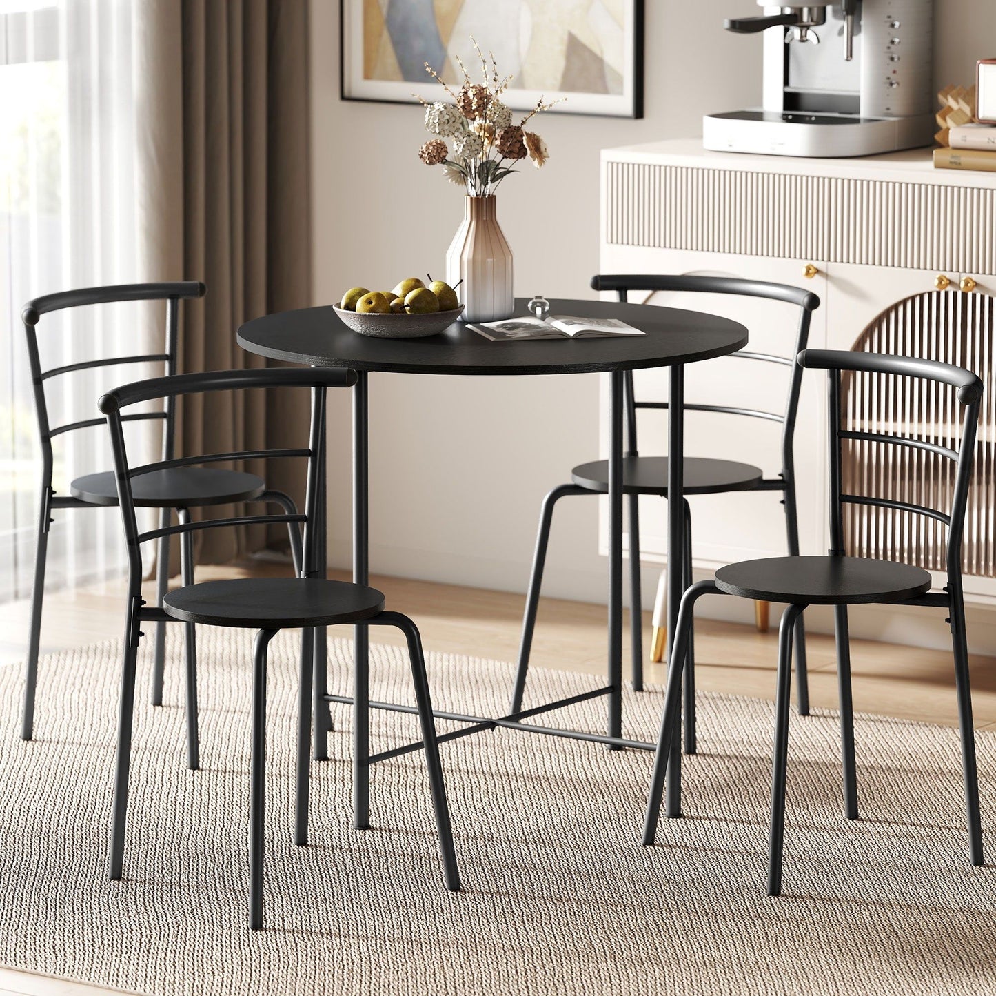 5-Piece Round Dining Set for 4 with Metal Frame - Black Wood Grain