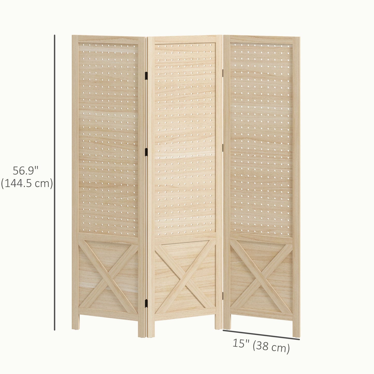 4.7' 3 Panel Wooden Room Divider with Pegboard Display, Folding Privacy Screen for Home Office, Natural
