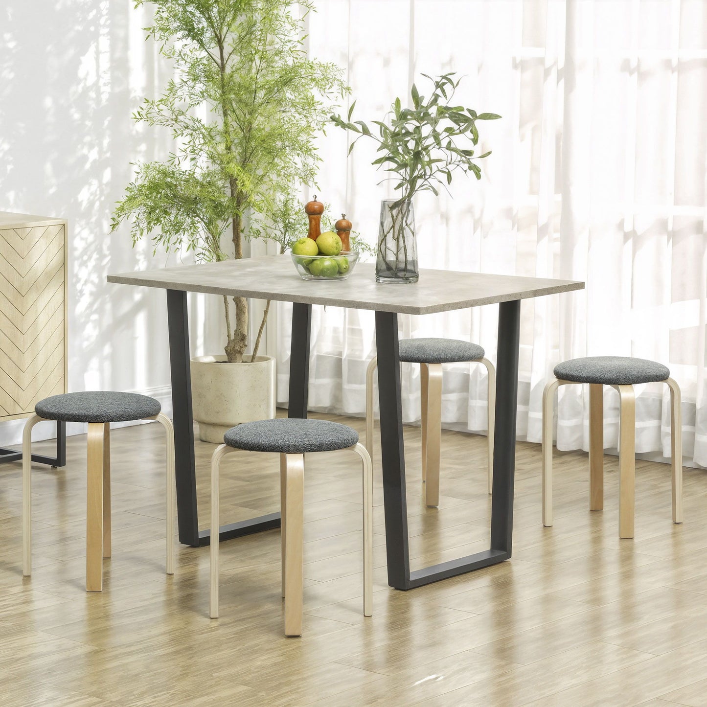 Stackable Wood Stools Set of 4, Stacking Kitchen Stools with Padded Seat for Dining Room, Living Room, Grey