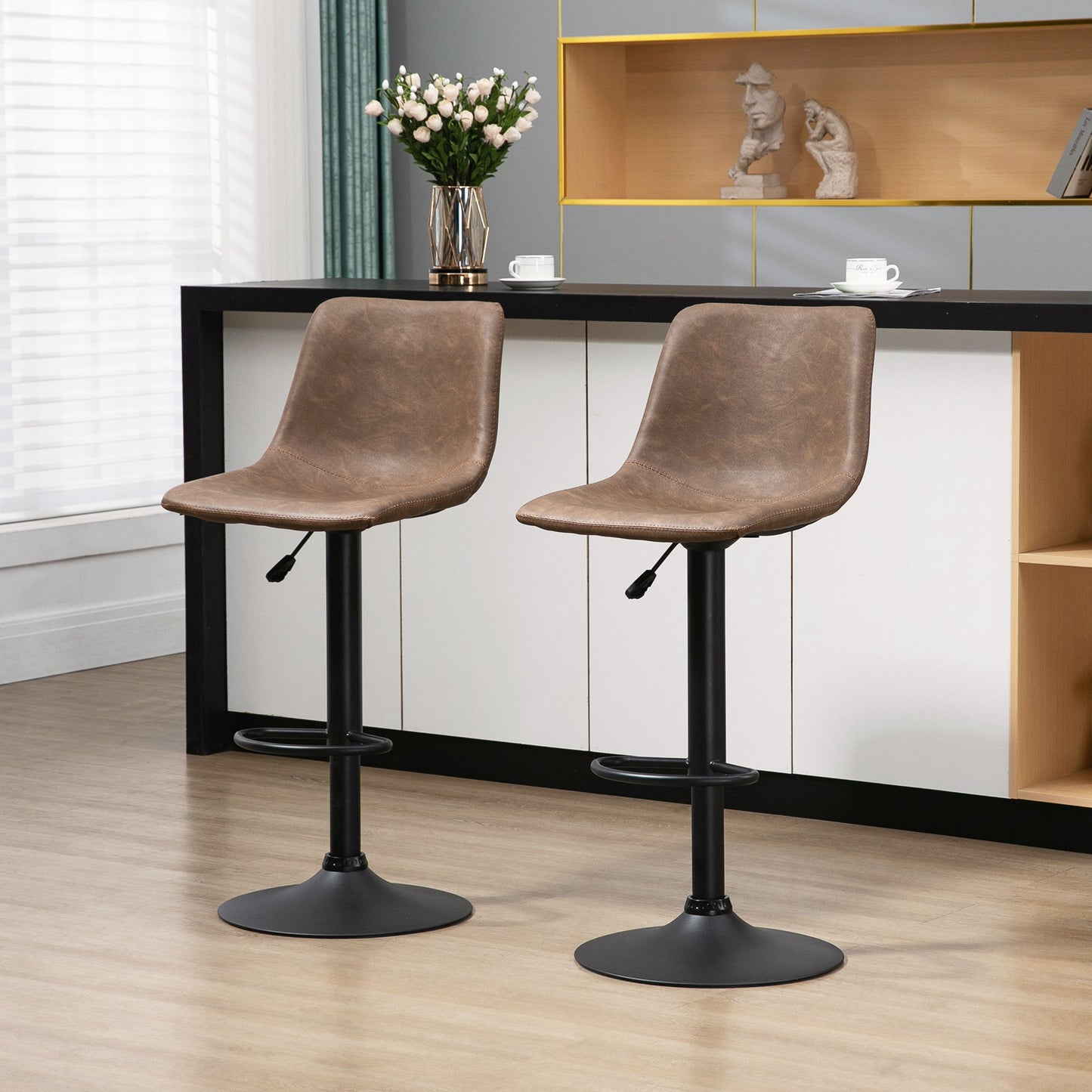 Adjustable Counter Height Bar Stools Set of 2, 360° Swivel Kitchen Counter Stools Dining Chairs with Backs, Vintage Leather, Brown