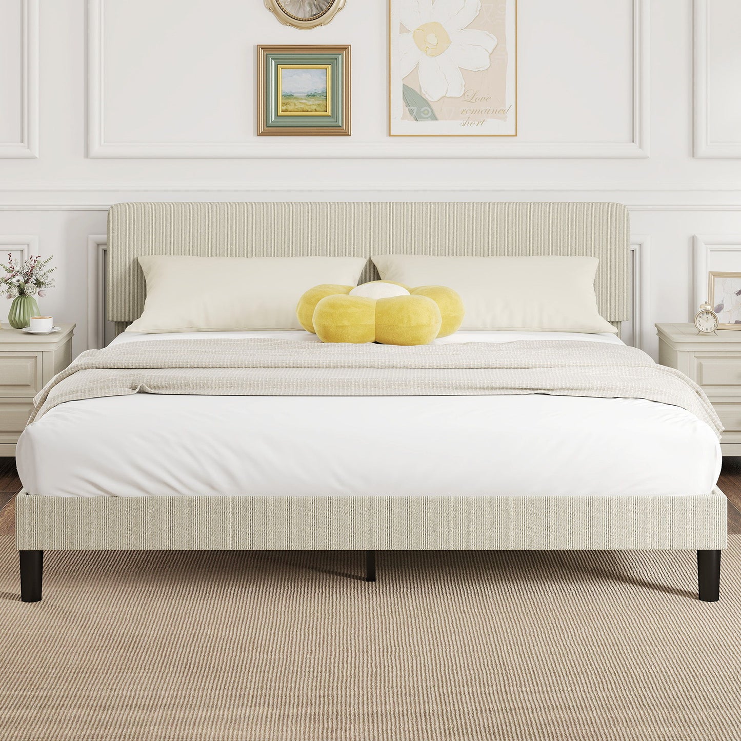 King Size Bed Frame with Adjustable Upholstered Headboard Platform Bed Frame Wood Slat Support Noise Free Light Grey