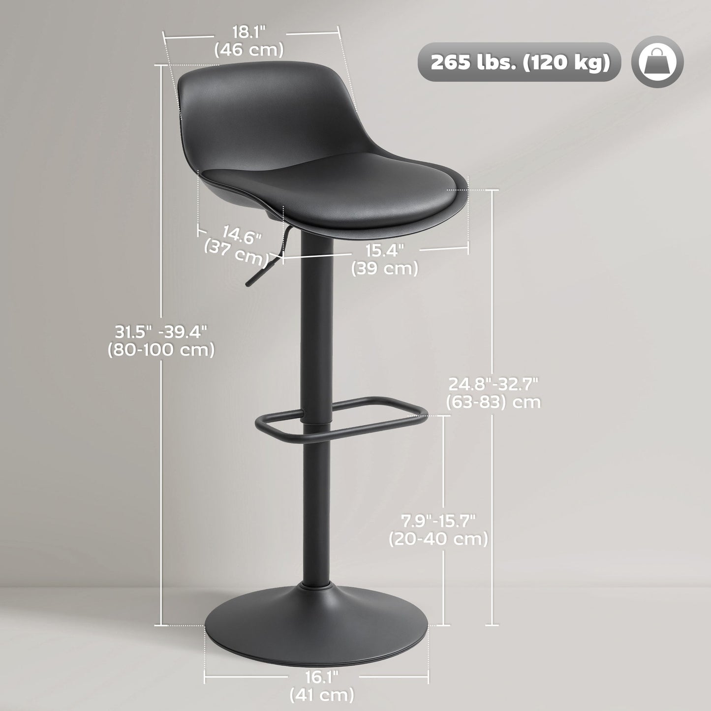 Counter Height Bar Stools Set of 2, Streamlined Bar Chairs with Adjustable Height and Swivel PU Leather Seat, Black