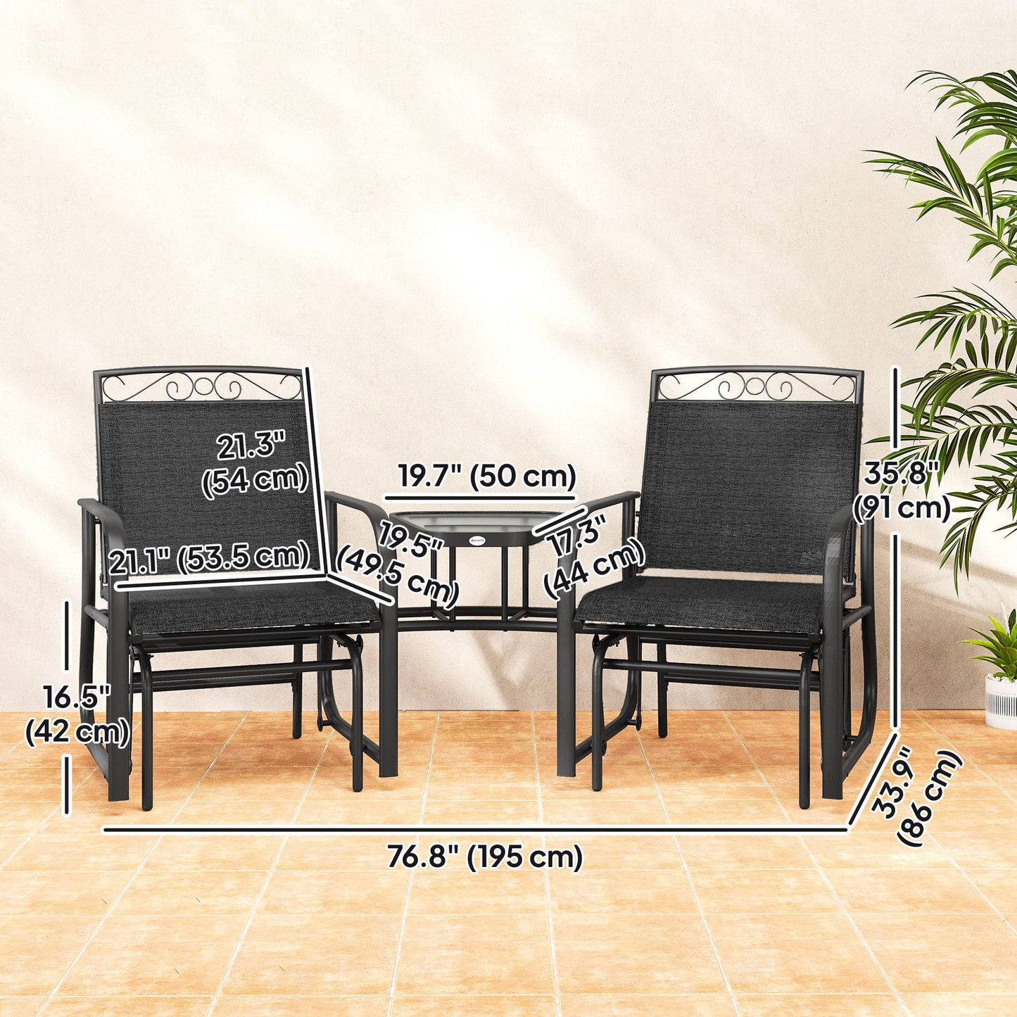Outdoor Glider Bench with Coffee Table, Patio 2-Seat Rocking Chair Swing Loveseat with Breathable Sling for Backyard Garden Porch, Black