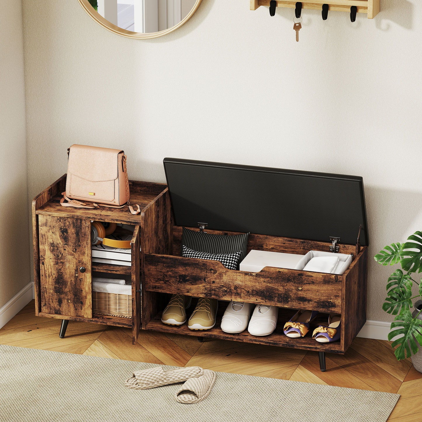 Storage Bench, Entryway Bench with Cushion, Hidden Storage, Compartments, Rustic Brown