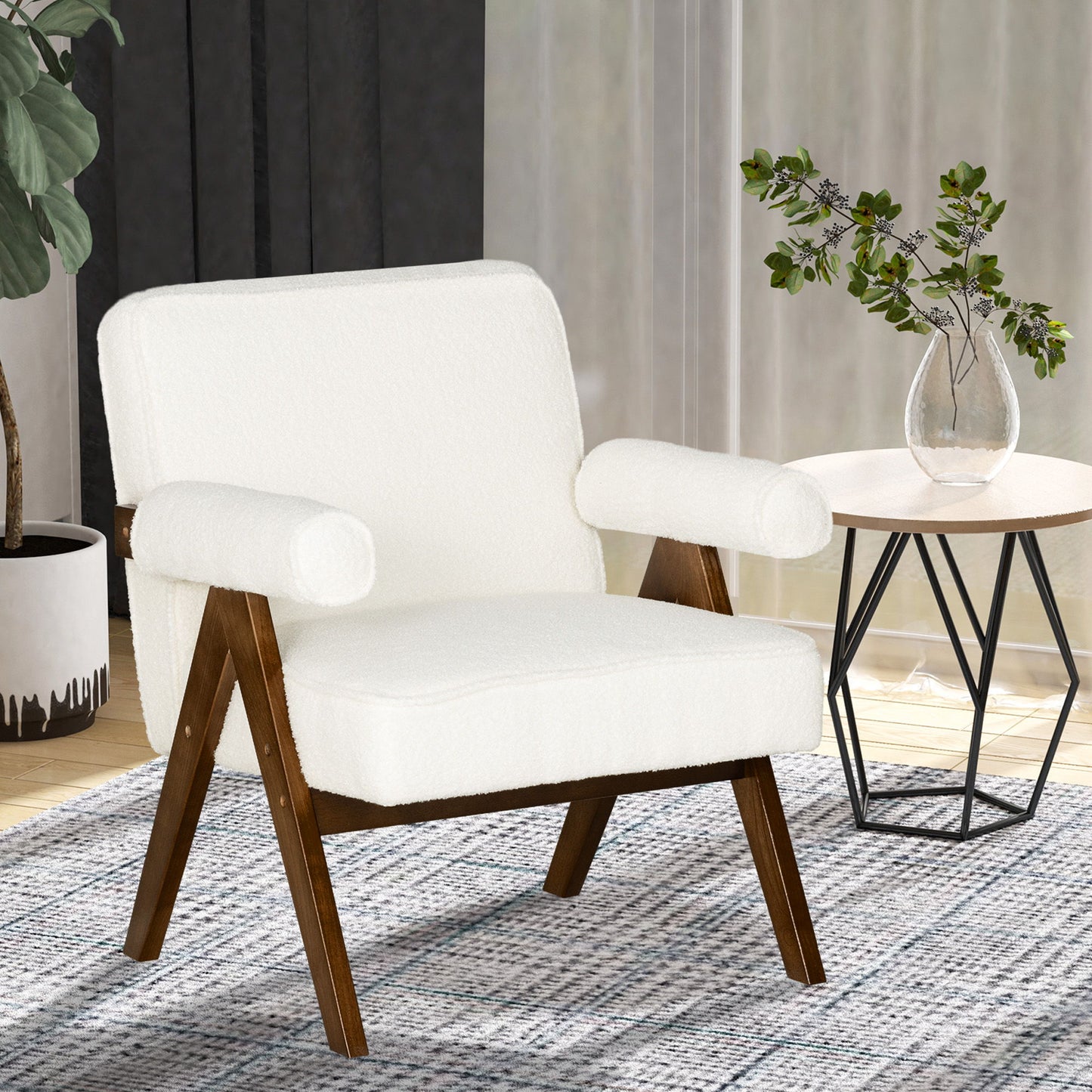 Cashmere Accent Chair Armchair with Wide Seat and Soft Padded Armrests for Reading, Bedroom, Cream White