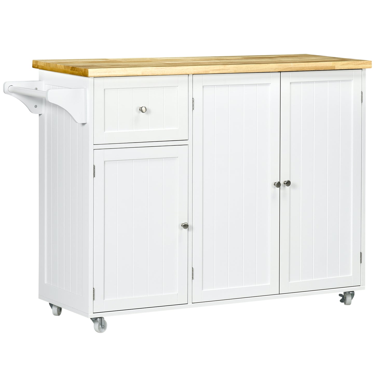 Rolling Kitchen Island with Storage, Utility Kitchen Island Cart with Drawer, Cabinets, Towel Rack and Rubber Wood Top