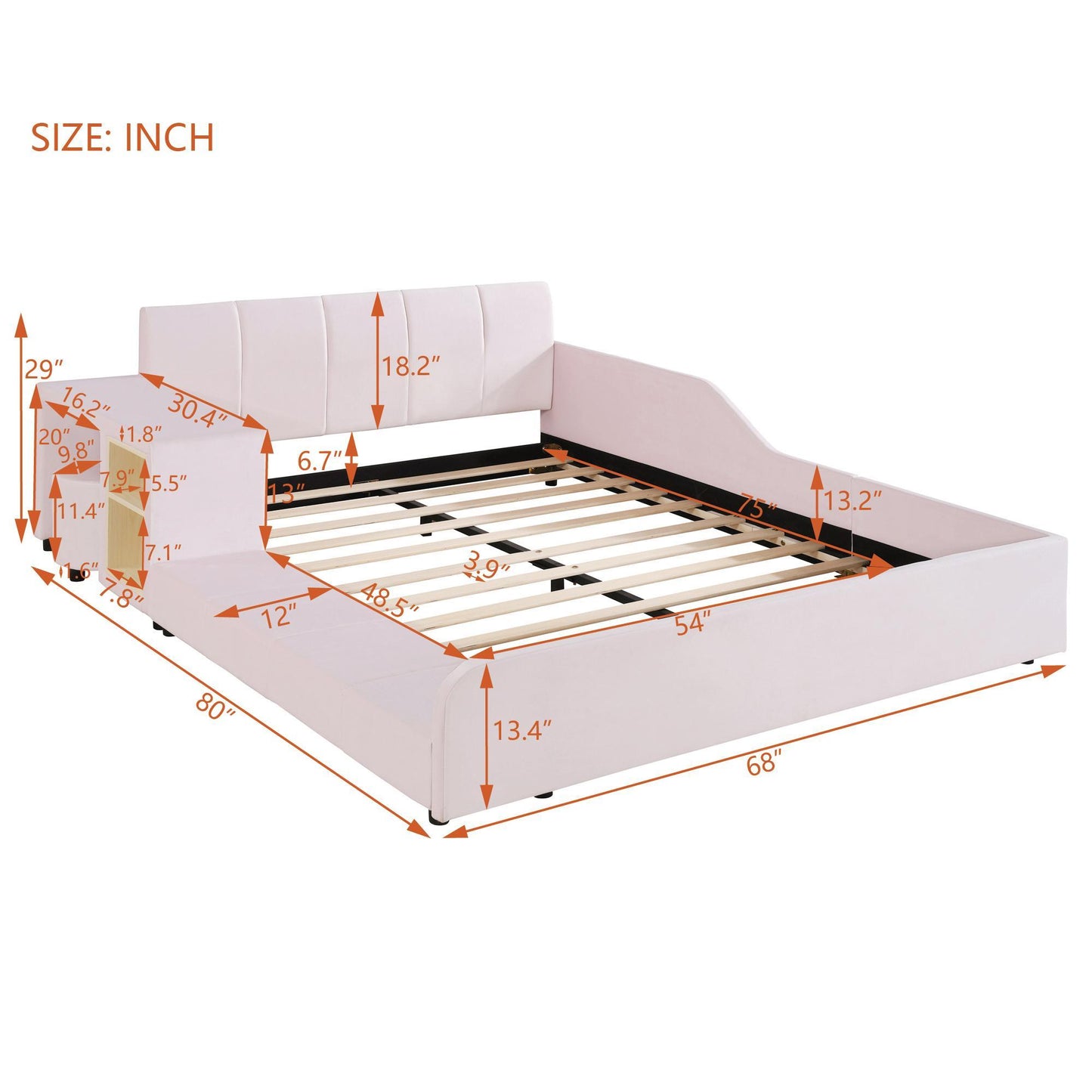Full Size Upholstered Bed with Built-in Bedside Desk and Round Stool, Solid Bedboard with Plywood & MDF Frame, 80'' L x 68'' W x 29'' H, Pink