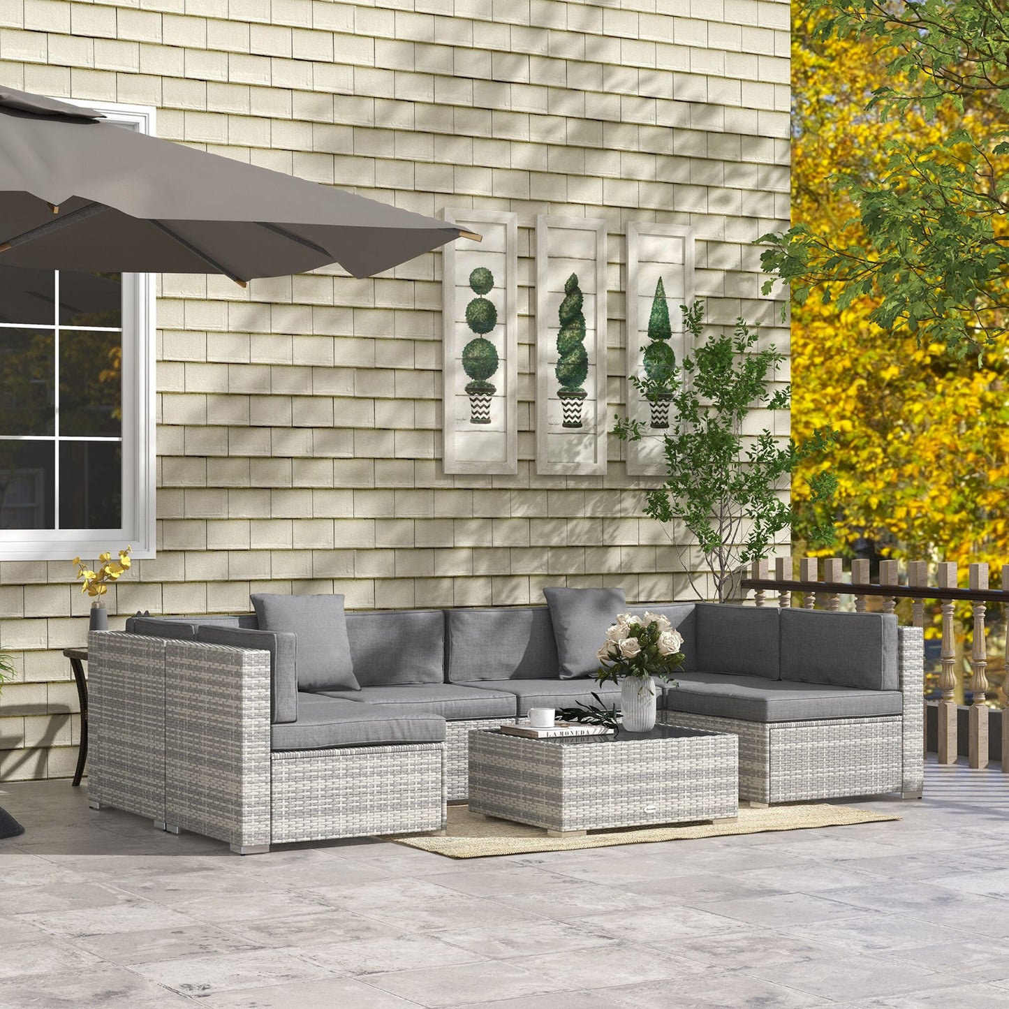 7 Pieces Patio Furniture Set, Rattan Conversation Set Garden Wicker Sofa Set with Washable Cushions and Coffee Table, Grey